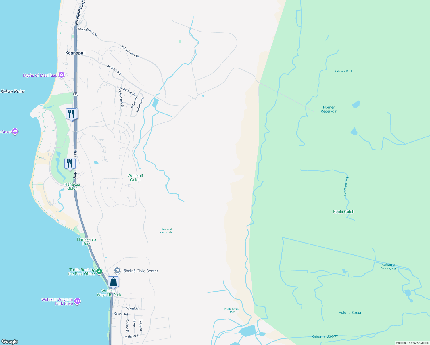 map of restaurants, bars, coffee shops, grocery stores, and more near 132 Hoohui Road in Lahaina