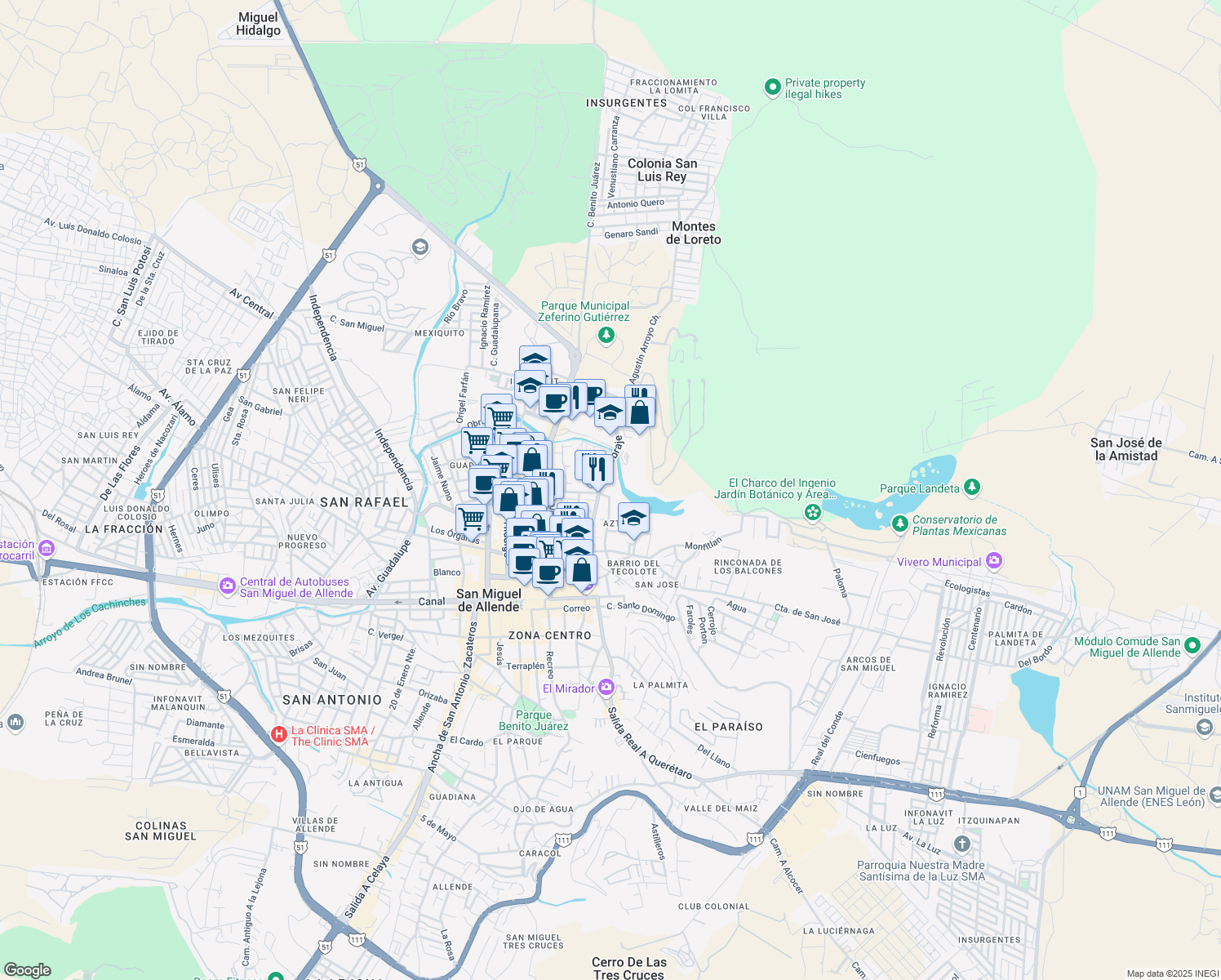map of restaurants, bars, coffee shops, grocery stores, and more near 85 Calzada De La Presa in San Miguel de Allende