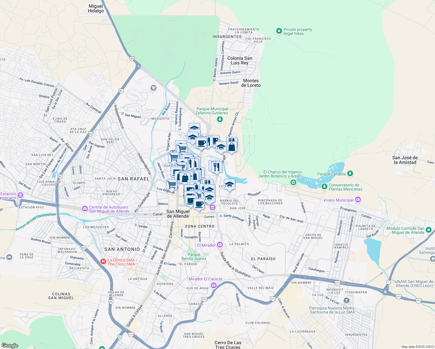 map of restaurants, bars, coffee shops, grocery stores, and more near 85 Calzada De La Presa in San Miguel de Allende