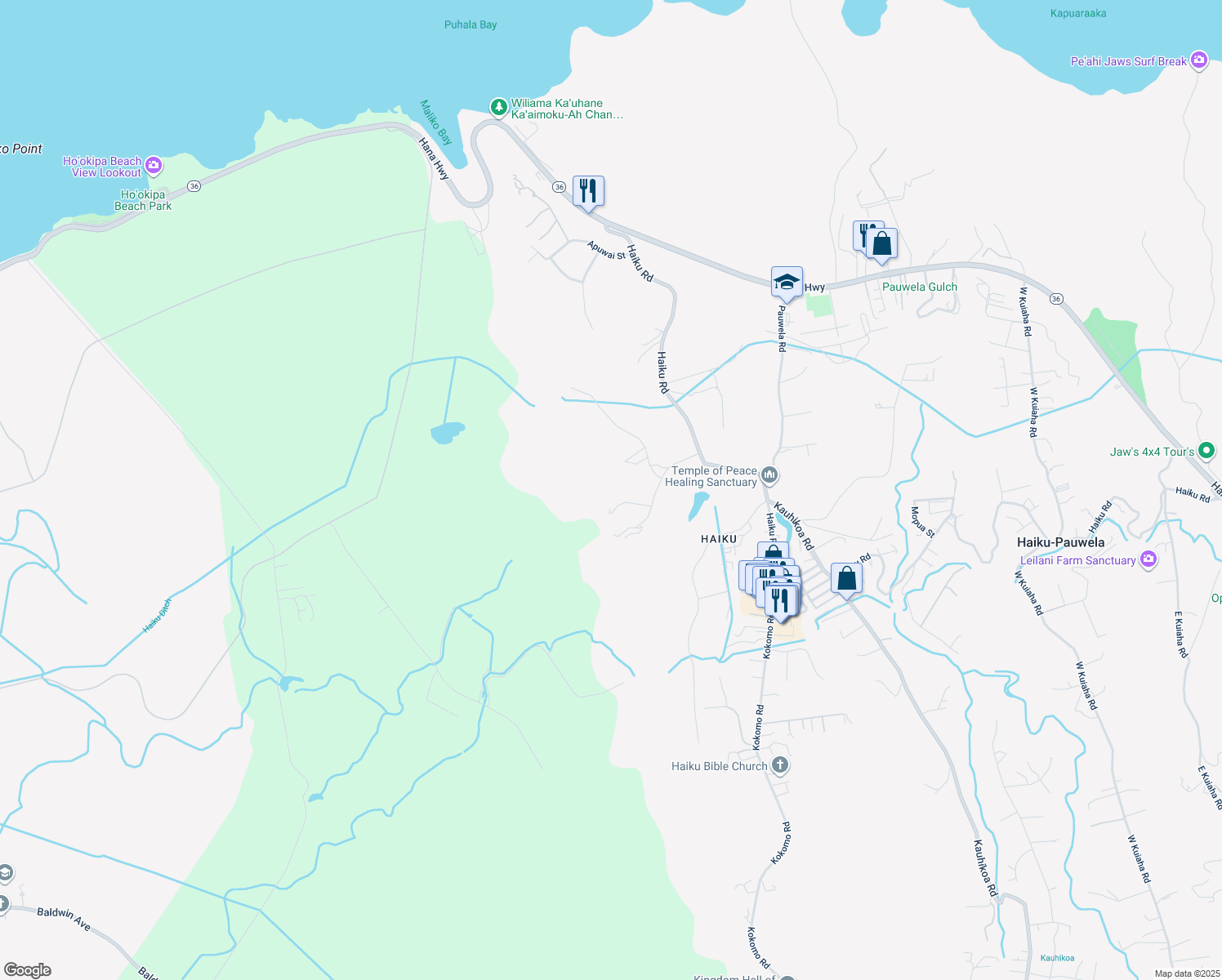 map of restaurants, bars, coffee shops, grocery stores, and more near 409 Waiama Way in Haiku-Pauwela