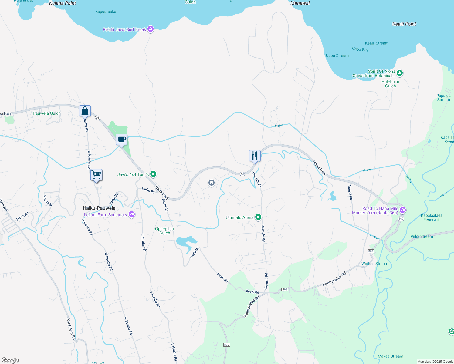 map of restaurants, bars, coffee shops, grocery stores, and more near 4093 Aliikoa Place in Haiku-Pauwela