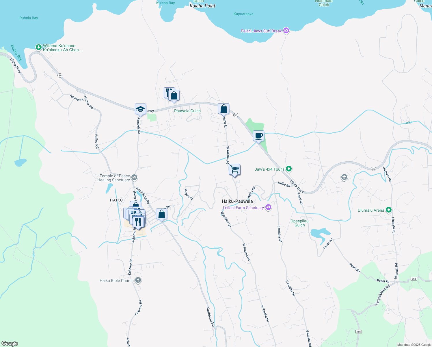 map of restaurants, bars, coffee shops, grocery stores, and more near 777 Hamana Place in Haiku-Pauwela
