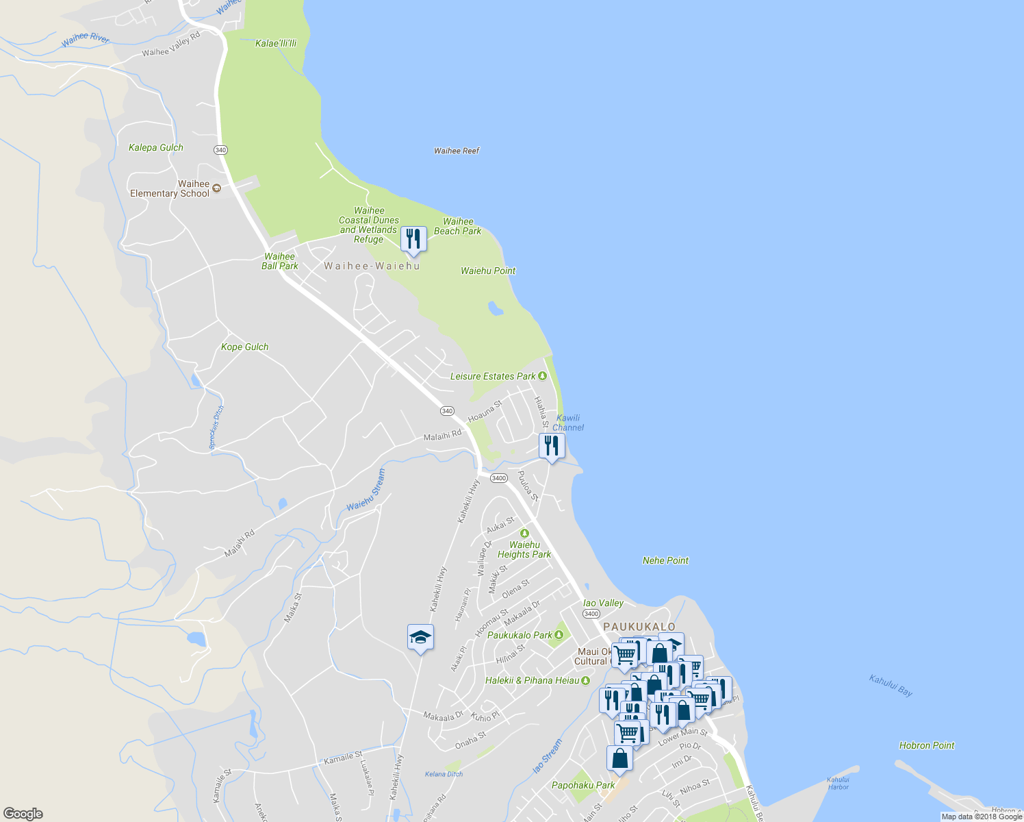 map of restaurants, bars, coffee shops, grocery stores, and more near 1385 Kakae Place in Wailuku