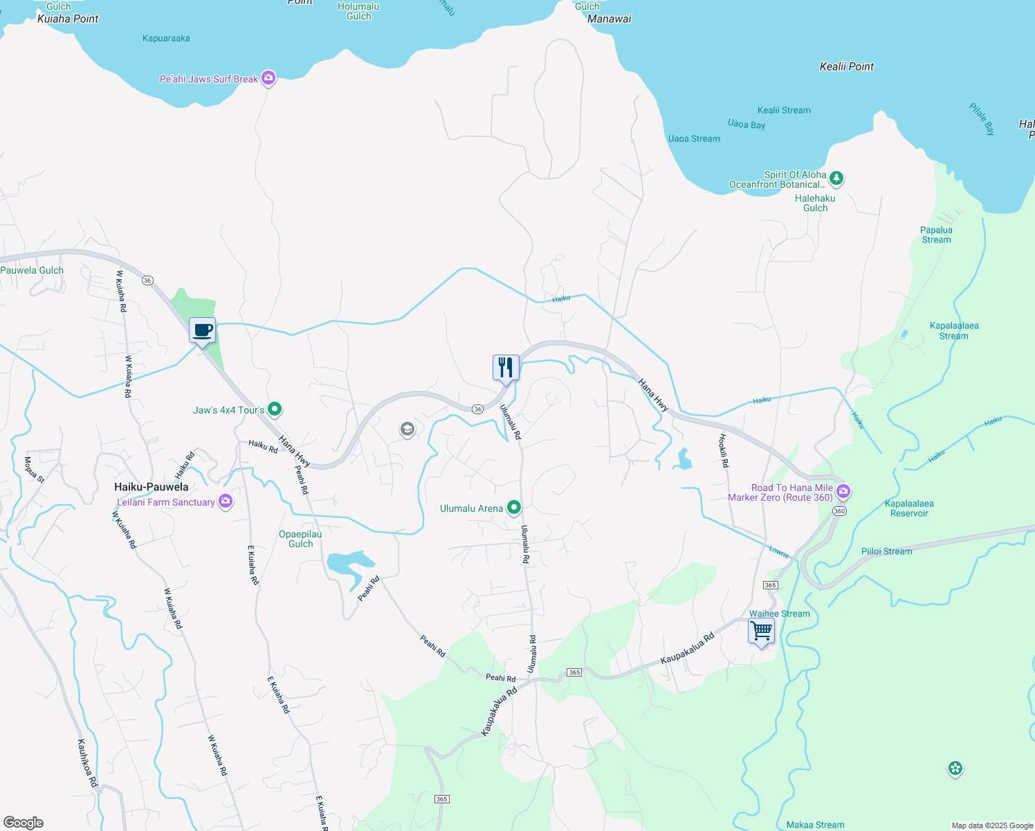 map of restaurants, bars, coffee shops, grocery stores, and more near 4356 Opana Place in Haiku-Pauwela