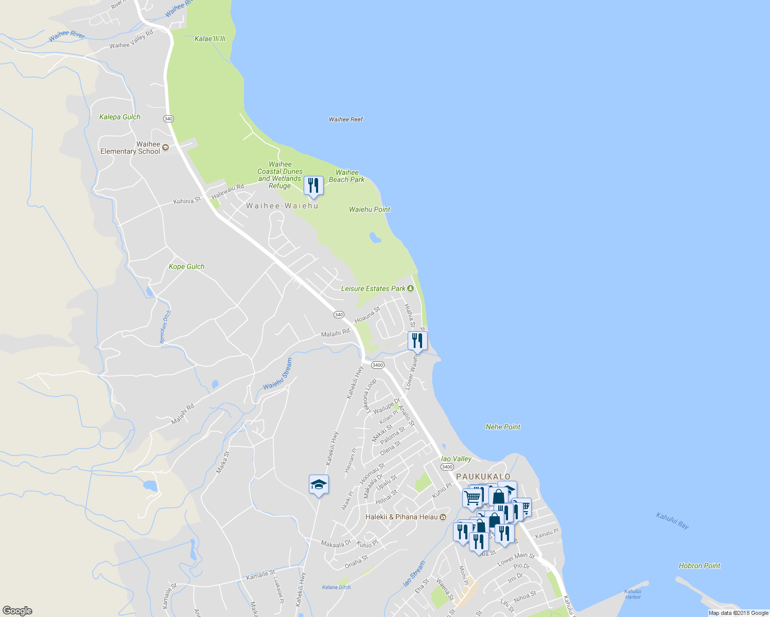 map of restaurants, bars, coffee shops, grocery stores, and more near 1405 Kakae Place in Wailuku