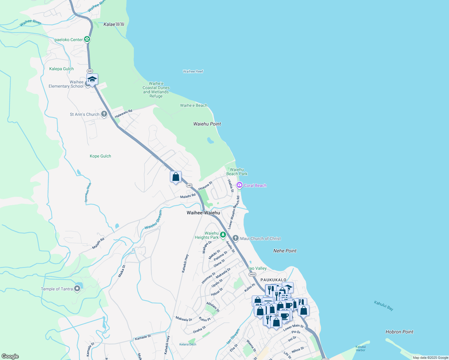 map of restaurants, bars, coffee shops, grocery stores, and more near 1396 Kilou Street in Wailuku