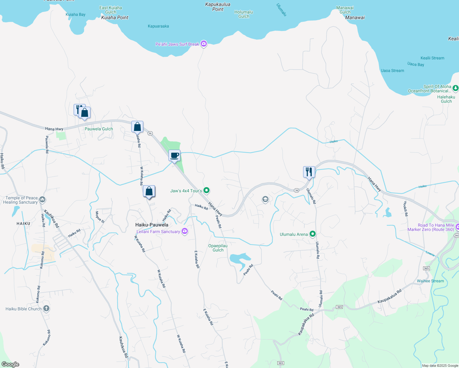 map of restaurants, bars, coffee shops, grocery stores, and more near 117 Oili Road in Haiku-Pauwela