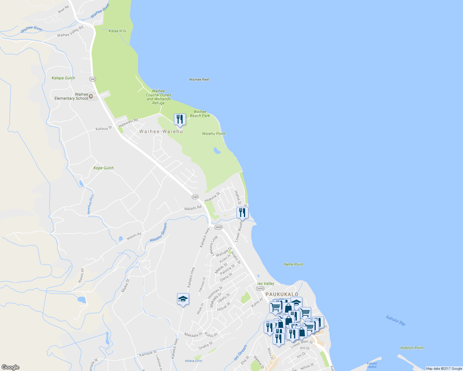 map of restaurants, bars, coffee shops, grocery stores, and more near 1427 North Hiahia Place in Wailuku