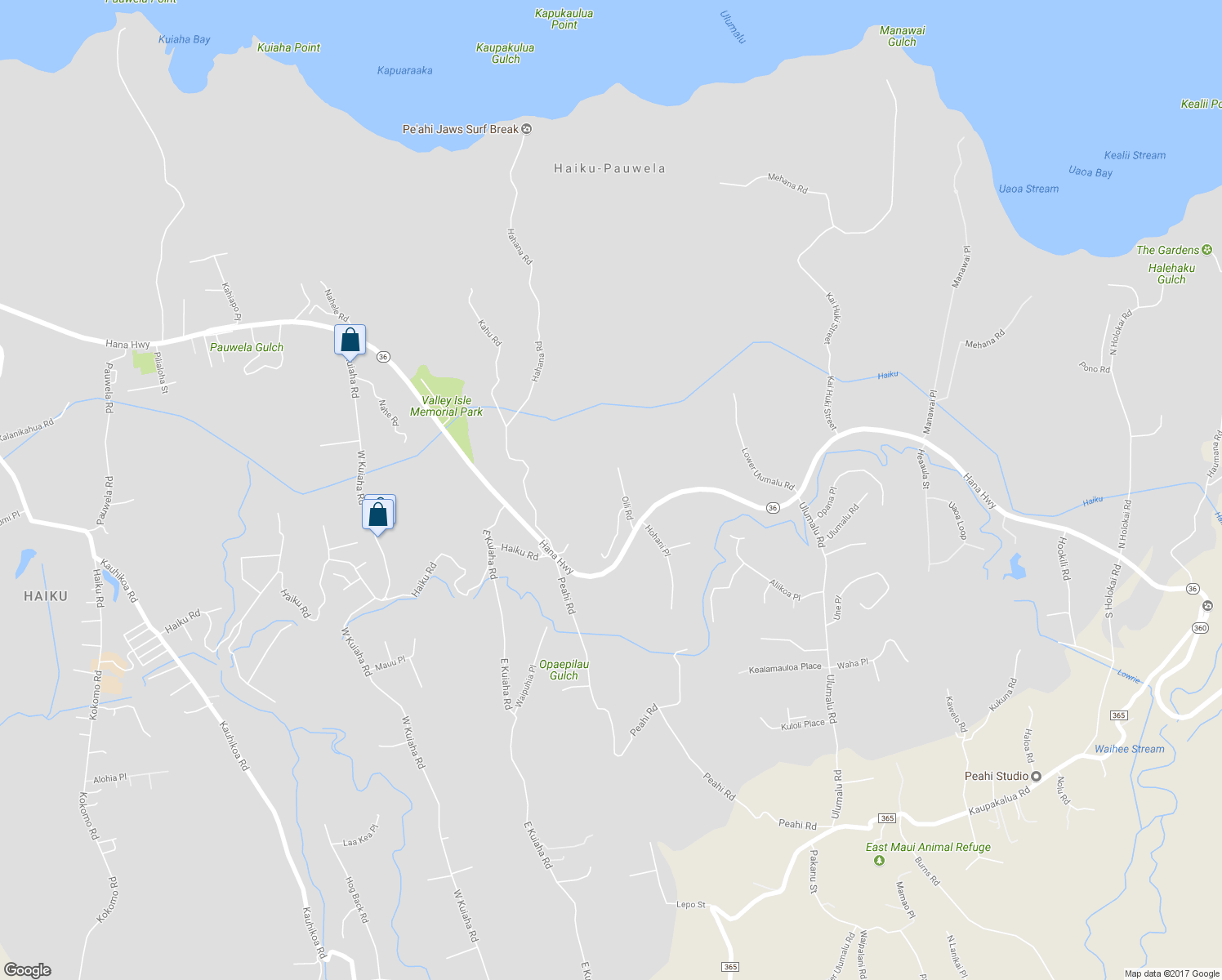 map of restaurants, bars, coffee shops, grocery stores, and more near 121 Oili Road in Haiku-Pauwela