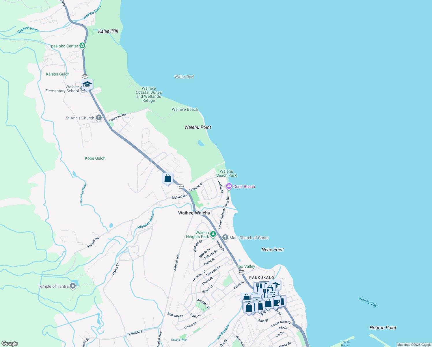 map of restaurants, bars, coffee shops, grocery stores, and more near 1432 North Hiahia Place in Wailuku