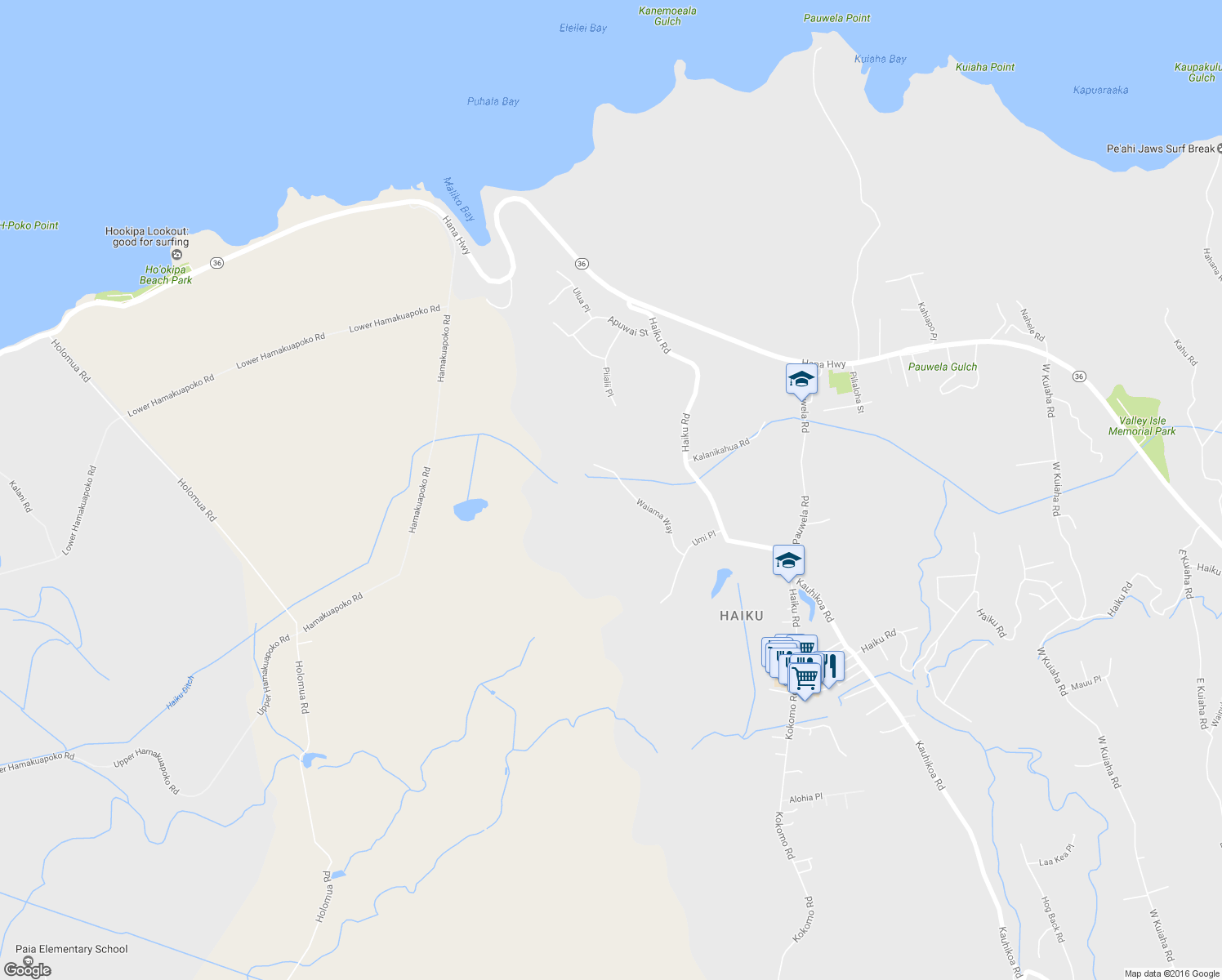 map of restaurants, bars, coffee shops, grocery stores, and more near 241 Waiama Way in Haiku-Pauwela