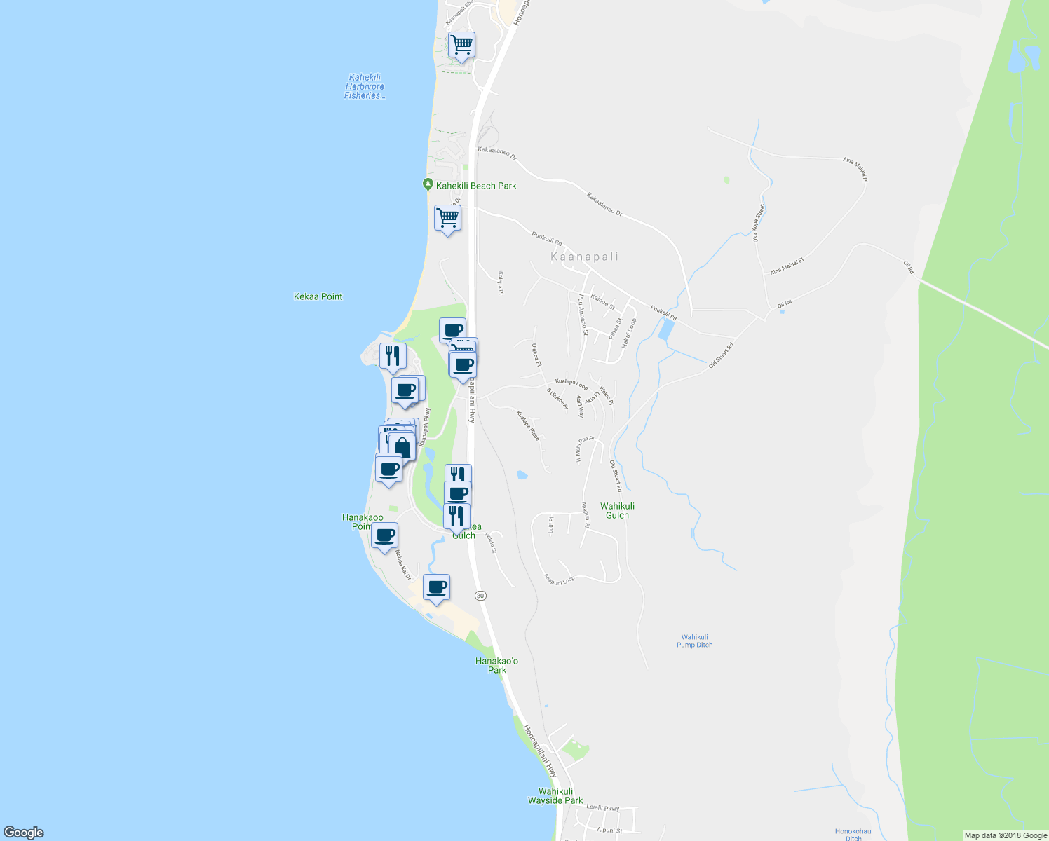 map of restaurants, bars, coffee shops, grocery stores, and more near 134 Kualapa Place in Lahaina