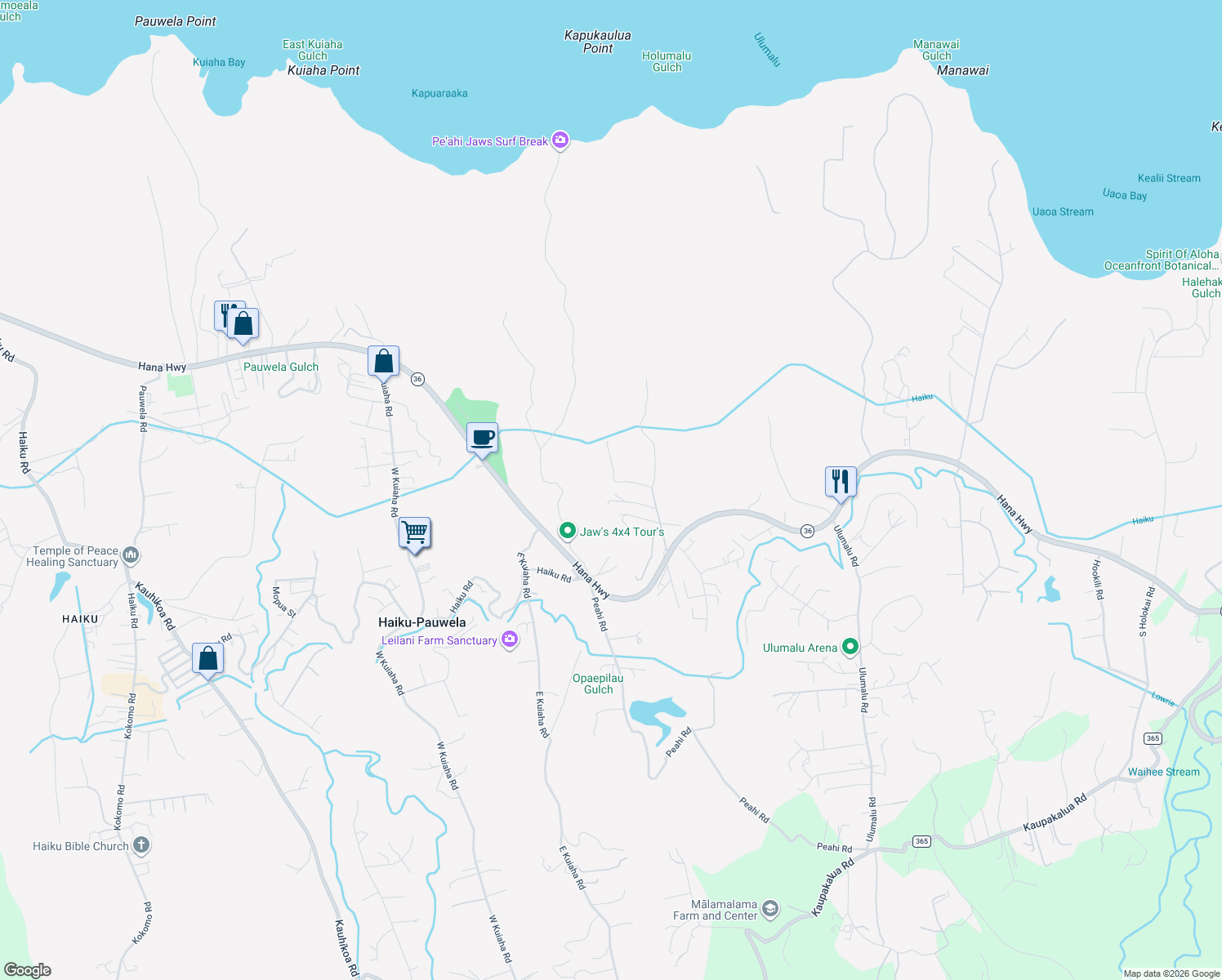 map of restaurants, bars, coffee shops, grocery stores, and more near 129 Oili Road in Haiku-Pauwela