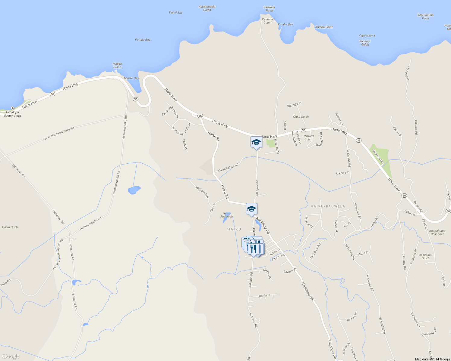 map of restaurants, bars, coffee shops, grocery stores, and more near 355 Haiku Road in Haiku-Pauwela