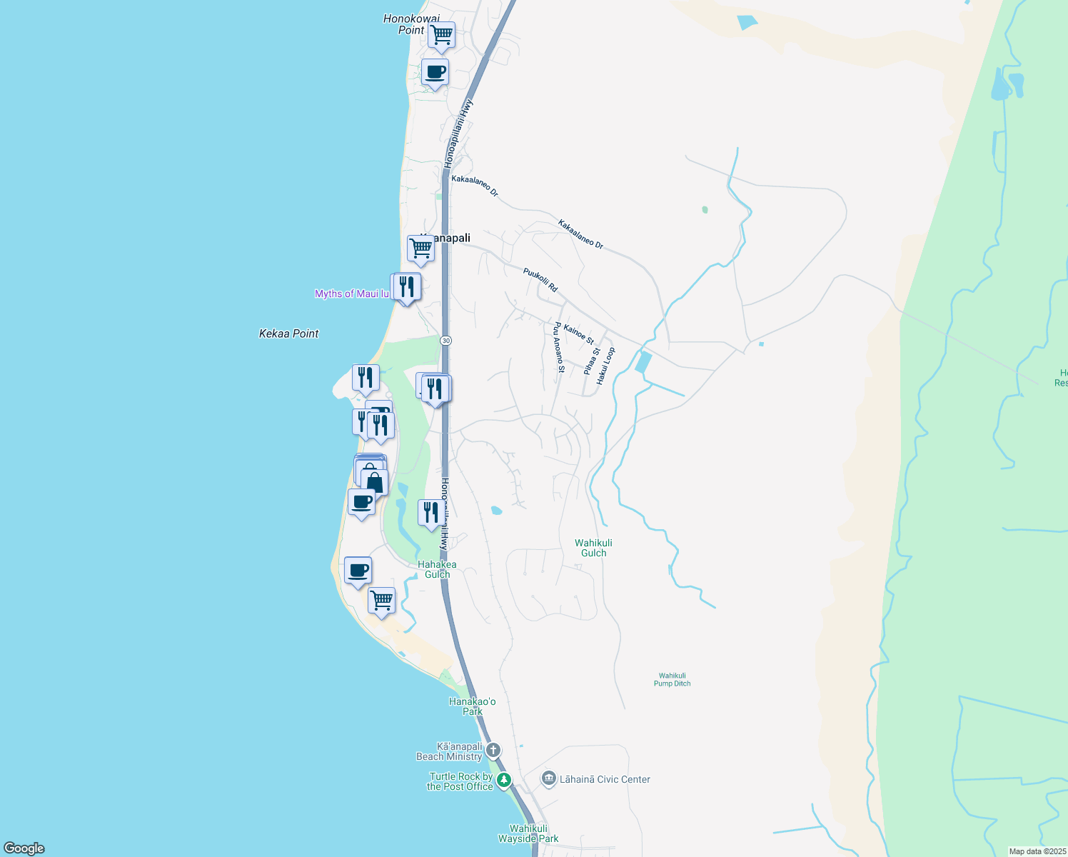 map of restaurants, bars, coffee shops, grocery stores, and more near 229 Amakihi Way in Lahaina