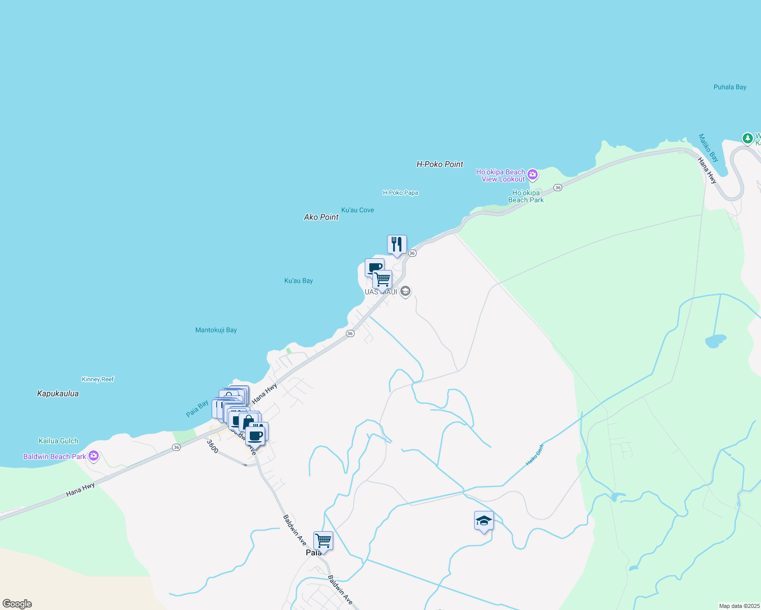 map of restaurants, bars, coffee shops, grocery stores, and more near 676 Hana Highway in Paia