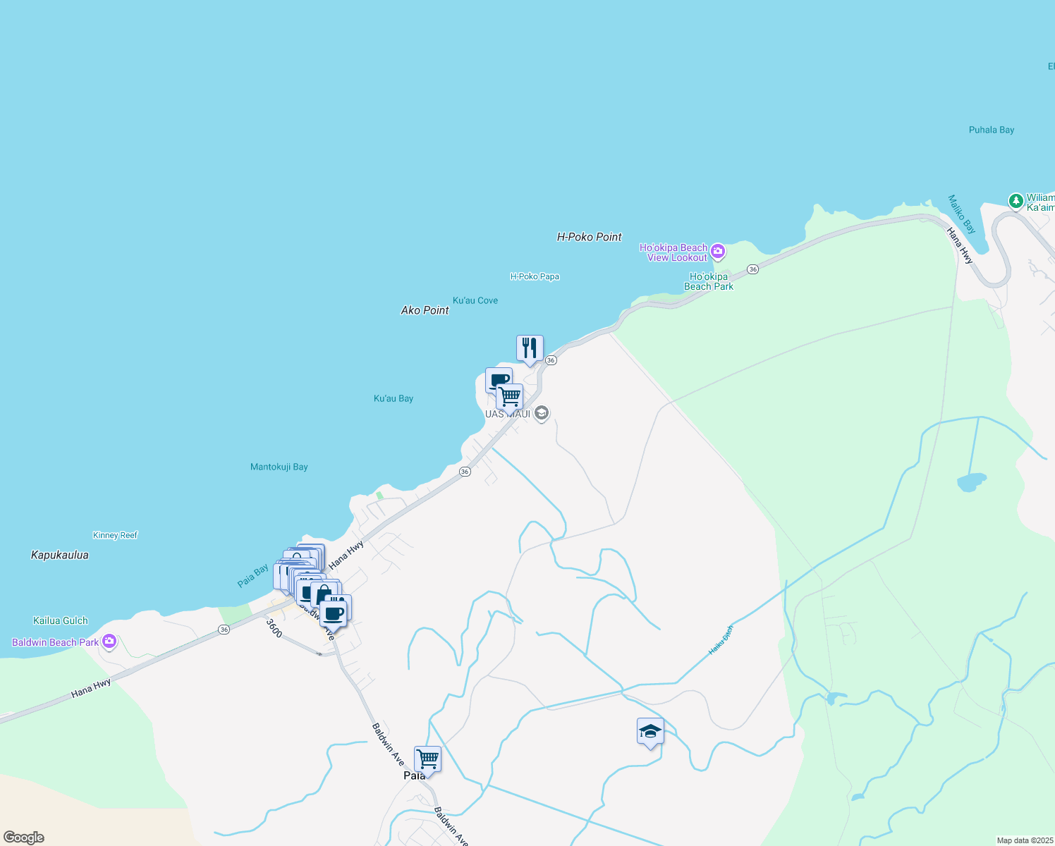 map of restaurants, bars, coffee shops, grocery stores, and more near Ulumaika Place in Paia