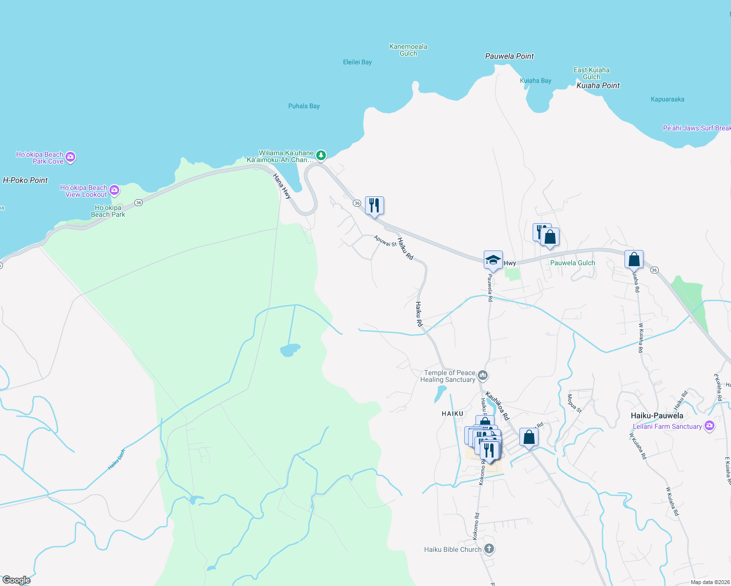 map of restaurants, bars, coffee shops, grocery stores, and more near 160 Piialii Place in Haiku-Pauwela
