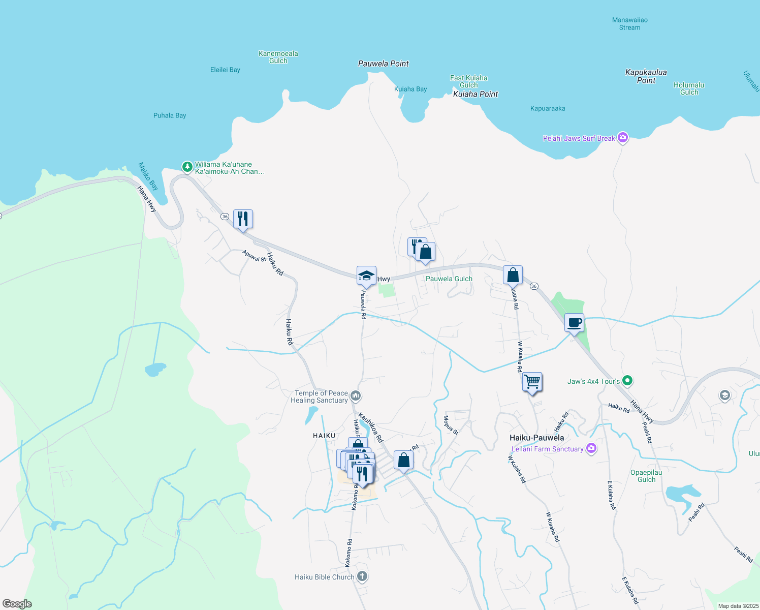 map of restaurants, bars, coffee shops, grocery stores, and more near 2841 West Lelehuna Place in Haiku-Pauwela