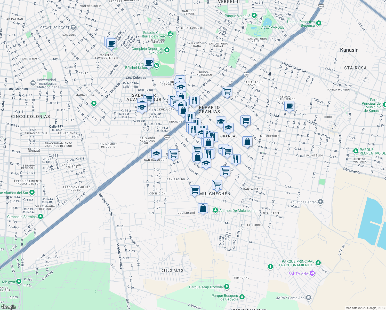 map of restaurants, bars, coffee shops, grocery stores, and more near Calle 59 in Kanasín
