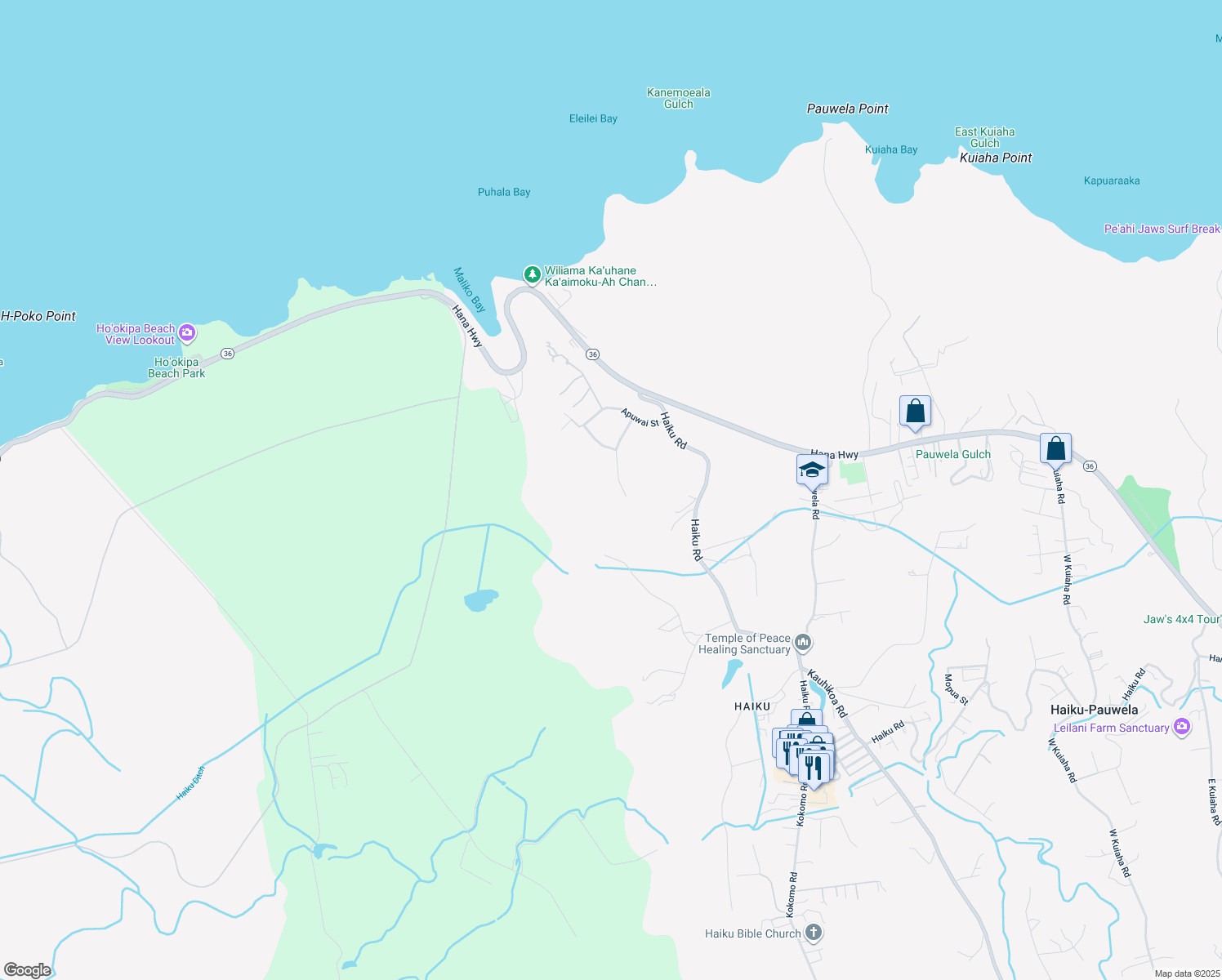 map of restaurants, bars, coffee shops, grocery stores, and more near 150 Piialii Place in Haiku-Pauwela