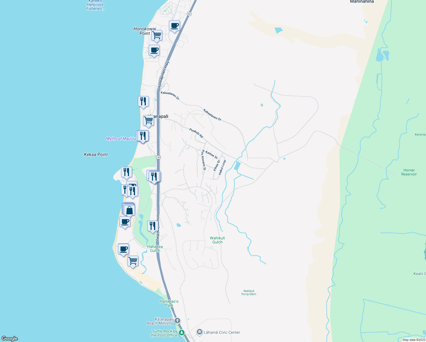 map of restaurants, bars, coffee shops, grocery stores, and more near 134 Pihaa Street in Lahaina