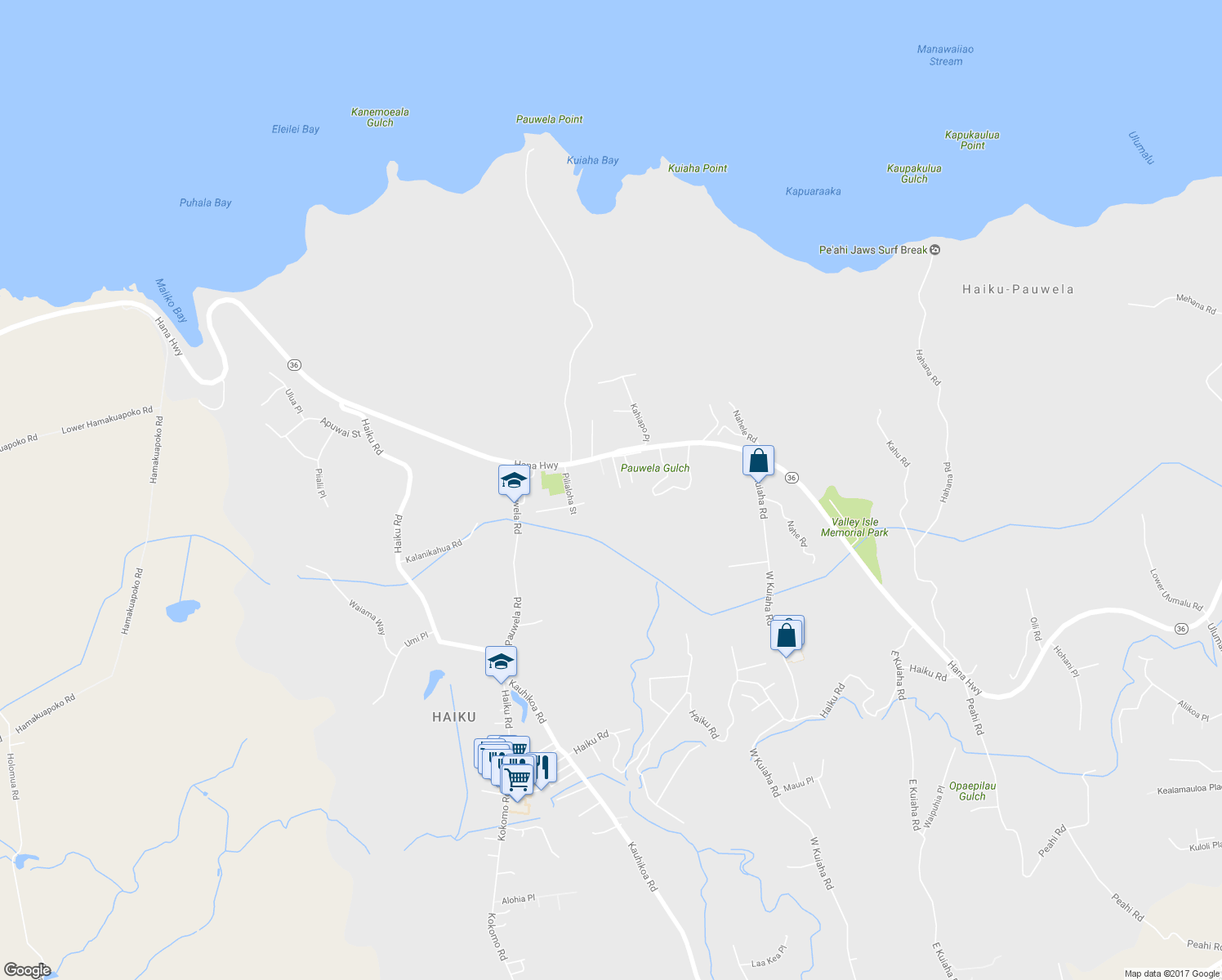 map of restaurants, bars, coffee shops, grocery stores, and more near 64 Puu Koa Place in Haiku-Pauwela