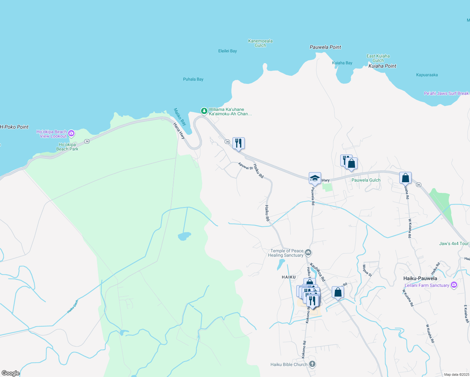 map of restaurants, bars, coffee shops, grocery stores, and more near 100 Piialii Place in Haiku-Pauwela