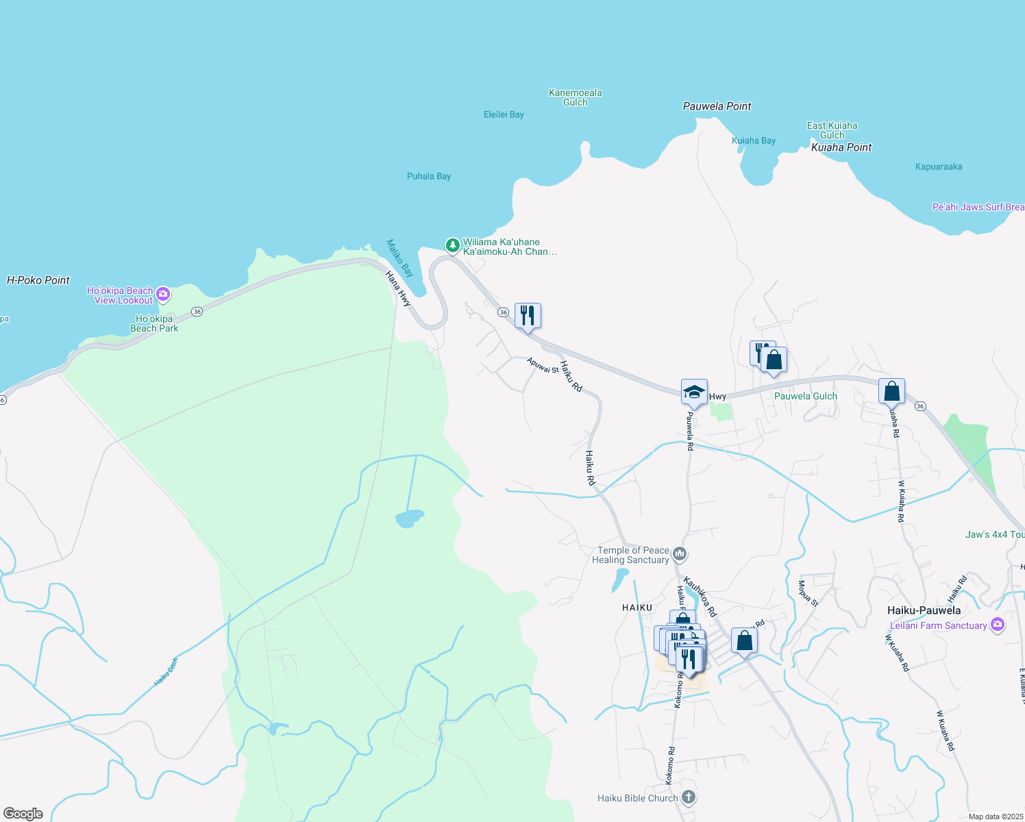 map of restaurants, bars, coffee shops, grocery stores, and more near 100 Piialii Place in Haiku-Pauwela
