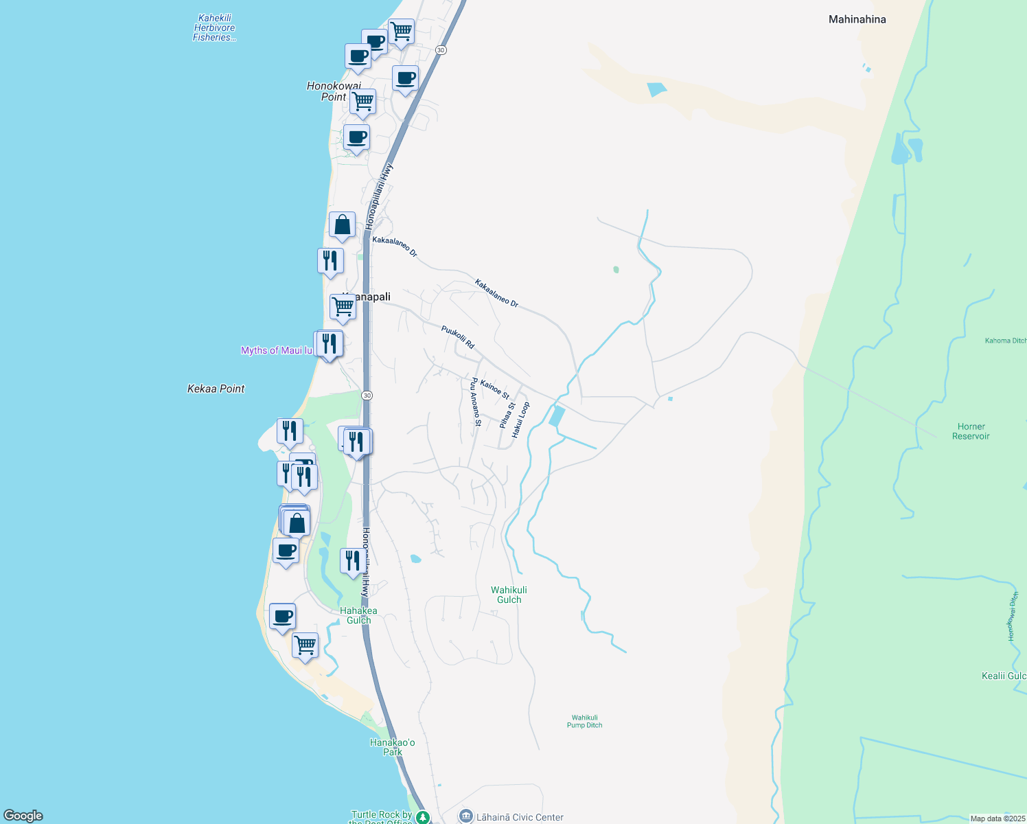 map of restaurants, bars, coffee shops, grocery stores, and more near 71 Pihaa Street in Lahaina