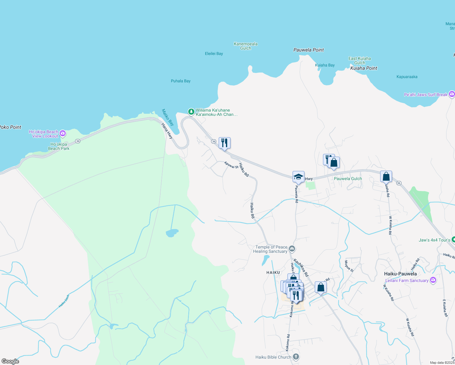 map of restaurants, bars, coffee shops, grocery stores, and more near 105 Piialii Place in Haiku-Pauwela