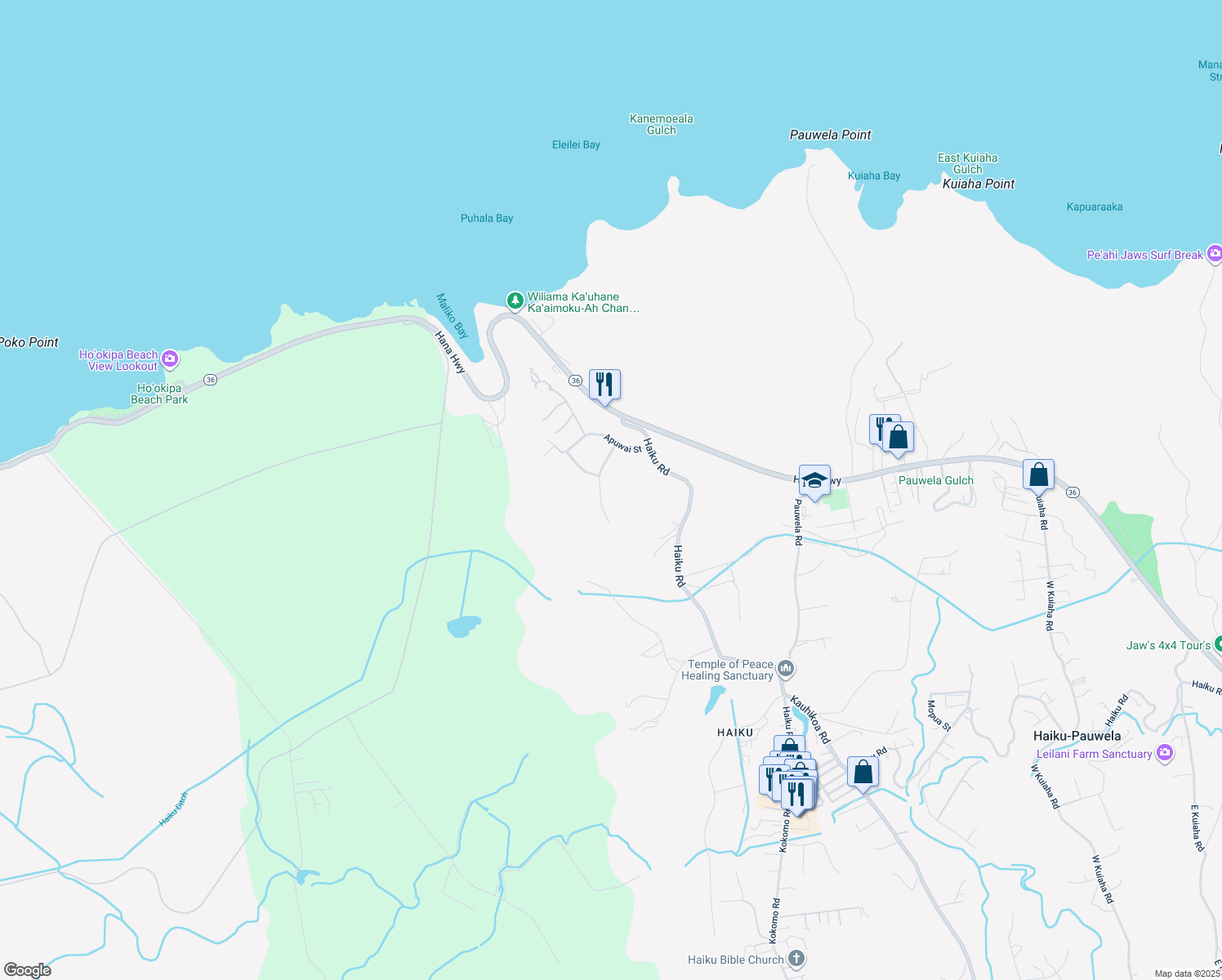 map of restaurants, bars, coffee shops, grocery stores, and more near 105 Piialii Place in Haiku-Pauwela