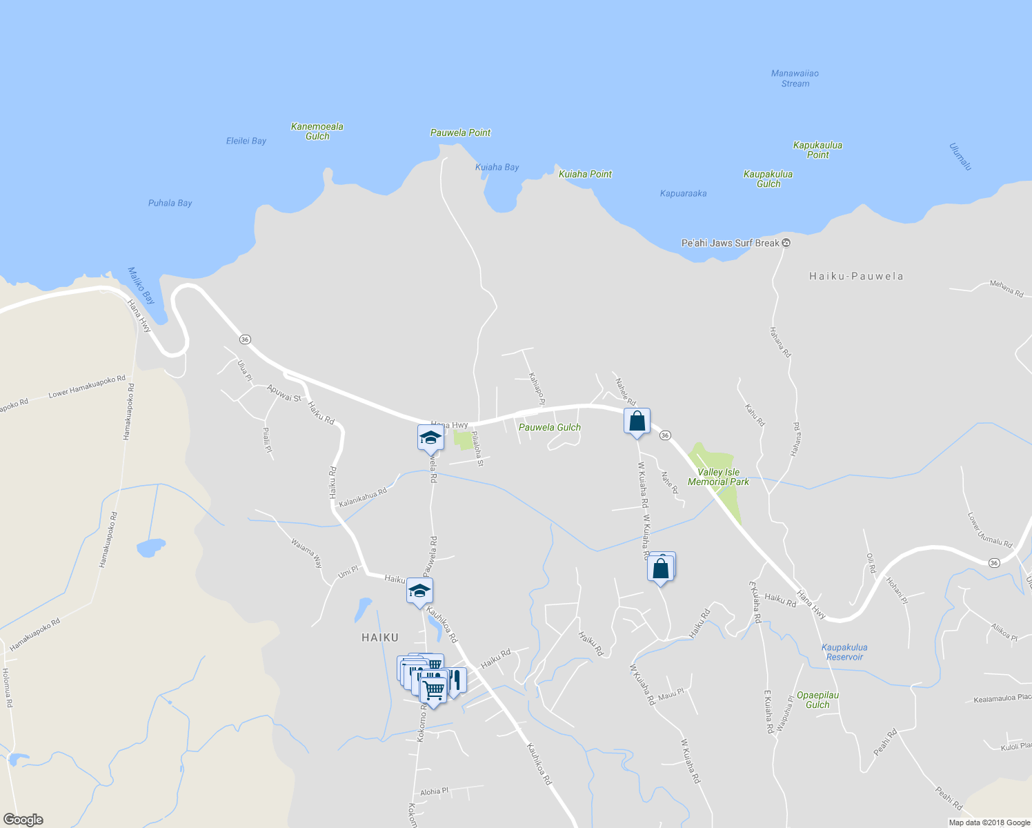 map of restaurants, bars, coffee shops, grocery stores, and more near 0 Kahiapo Place in Haiku-Pauwela