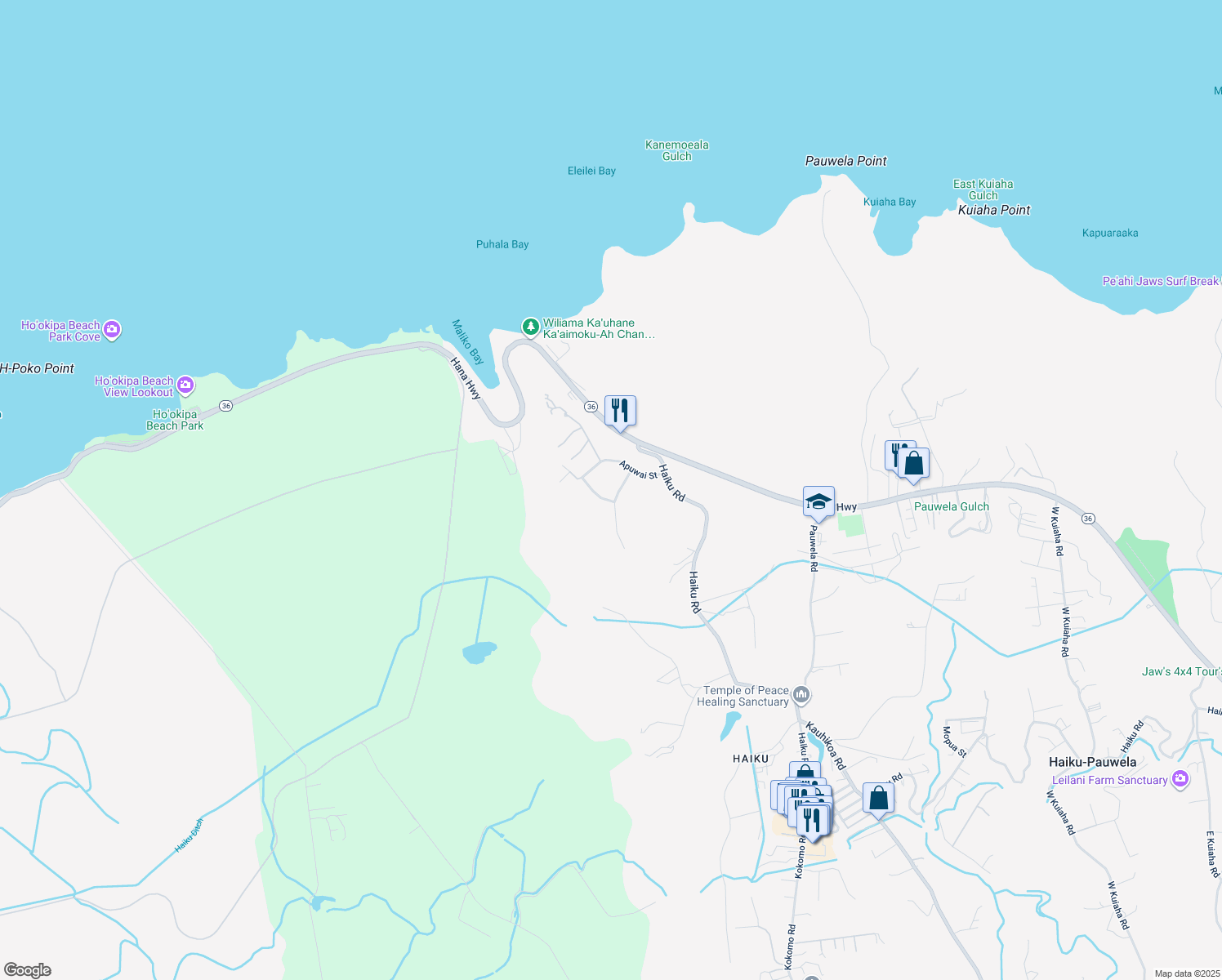 map of restaurants, bars, coffee shops, grocery stores, and more near 52 Piialii Street in Haiku-Pauwela