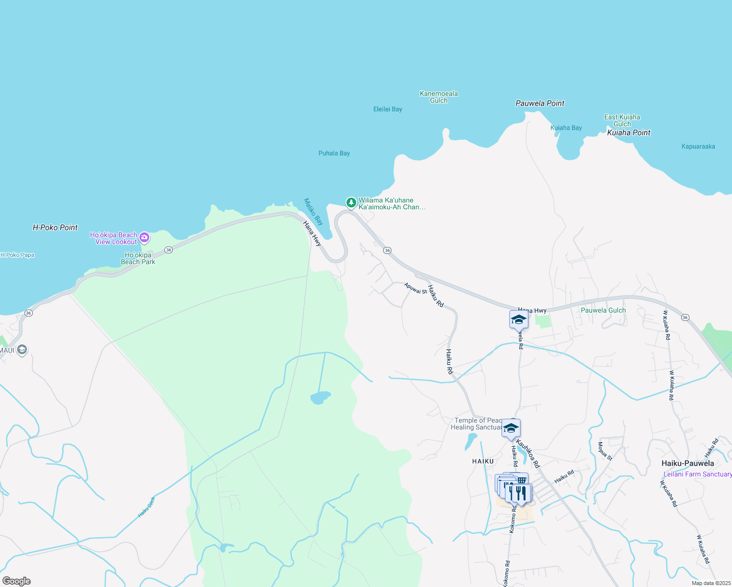 map of restaurants, bars, coffee shops, grocery stores, and more near 174 Apuwai Street in Haiku-Pauwela