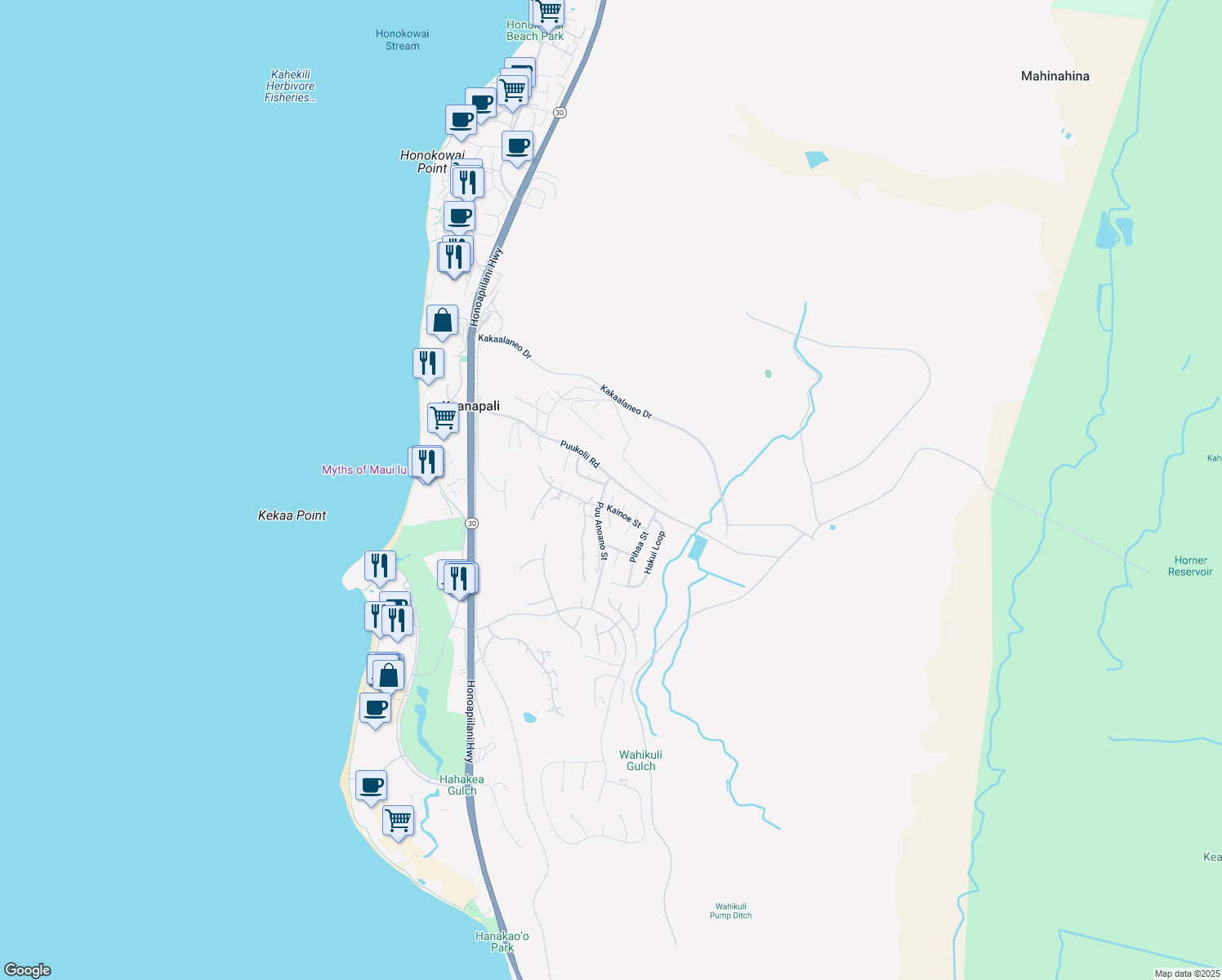 map of restaurants, bars, coffee shops, grocery stores, and more near 20 North Iwa Place in Lahaina