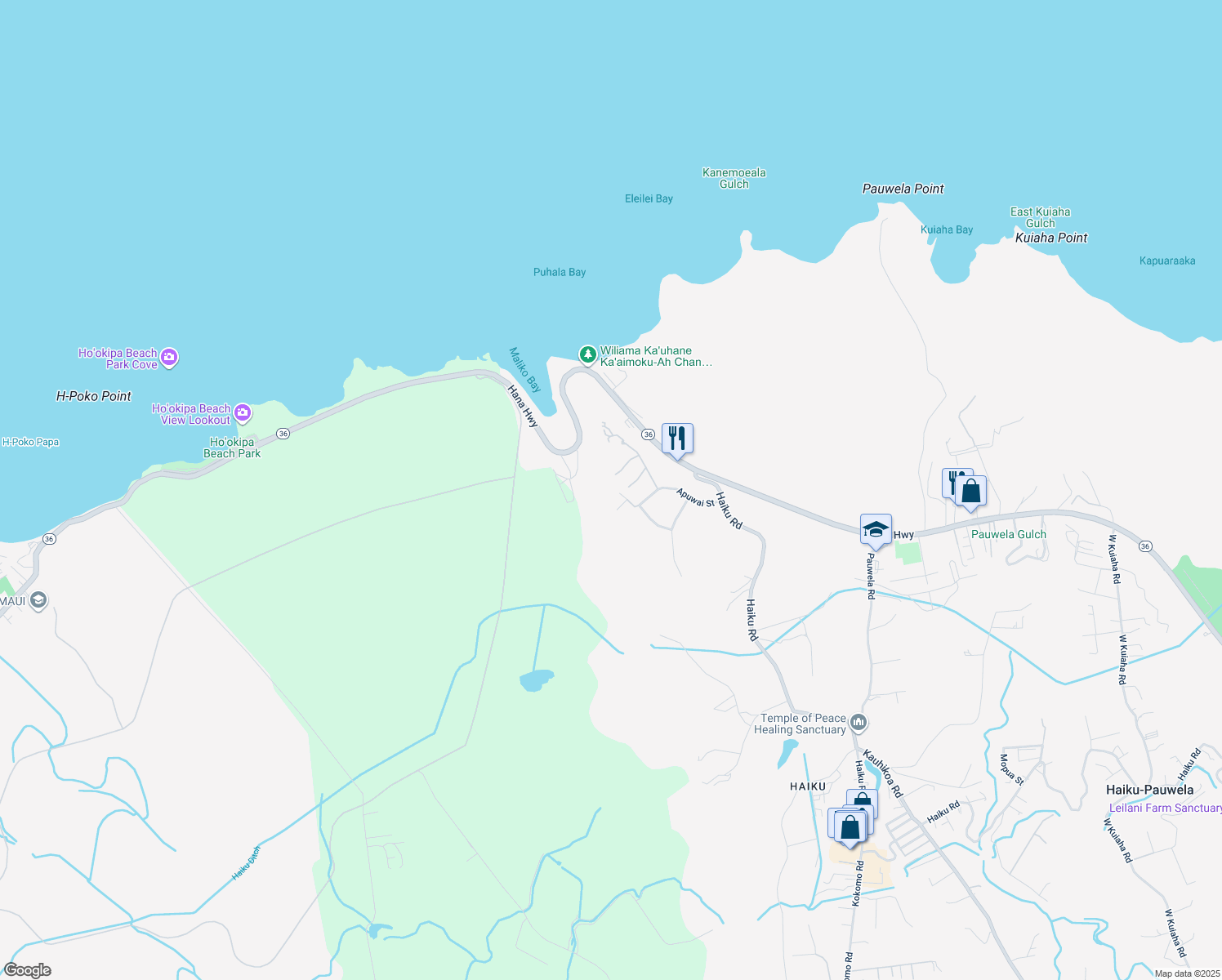 map of restaurants, bars, coffee shops, grocery stores, and more near 166 Apuwai Street in Haiku-Pauwela