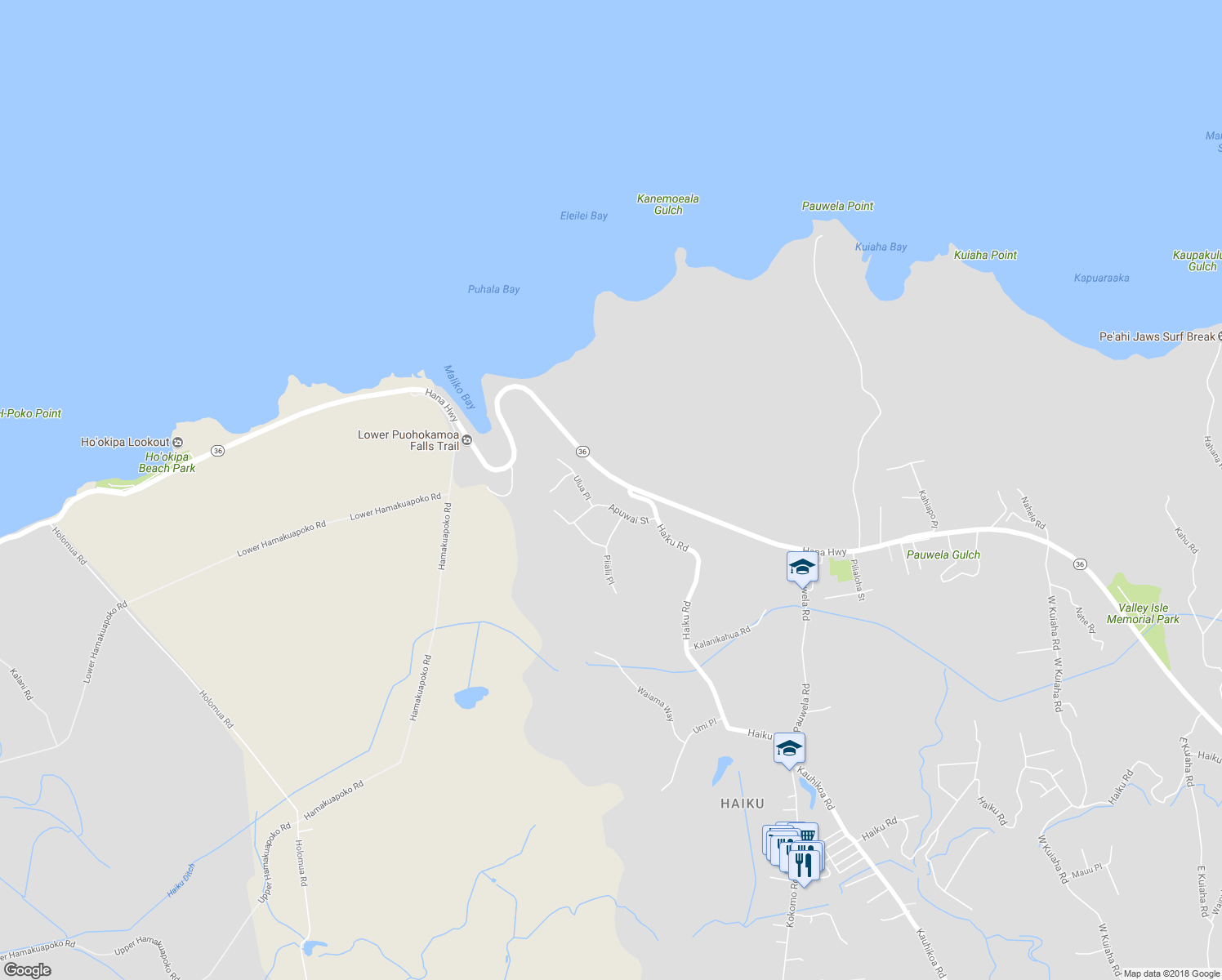map of restaurants, bars, coffee shops, grocery stores, and more near 100 Apuwai Street in Haiku-Pauwela