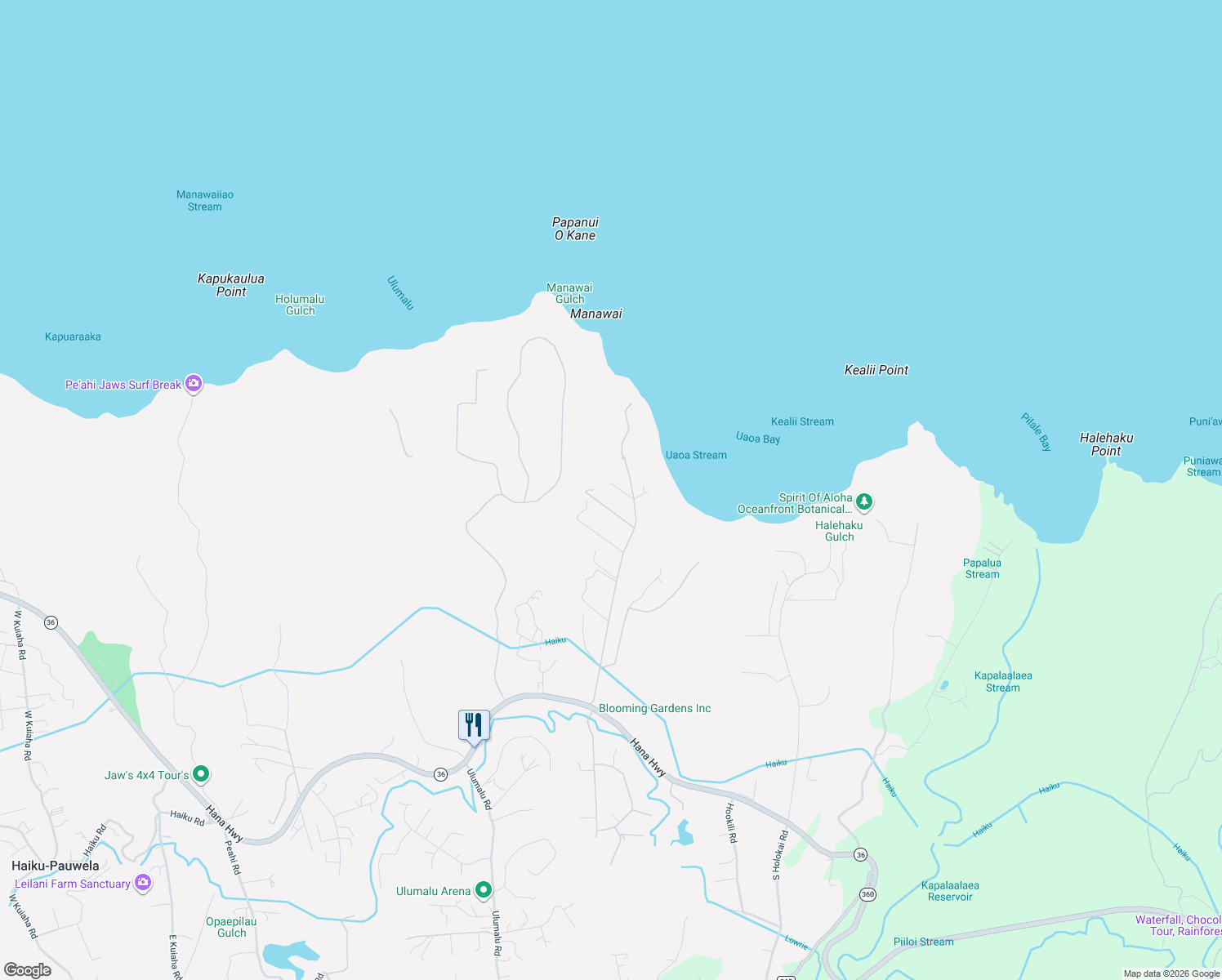 map of restaurants, bars, coffee shops, grocery stores, and more near 333 Manawai Place in Haiku-Pauwela