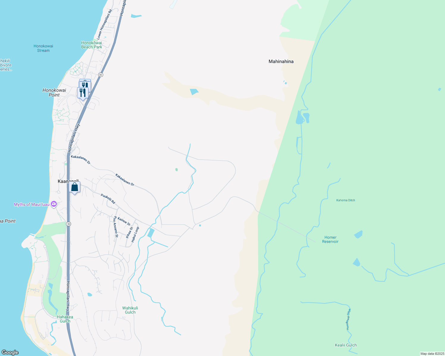 map of restaurants, bars, coffee shops, grocery stores, and more near Aina Mahiai Place in Kaanapali