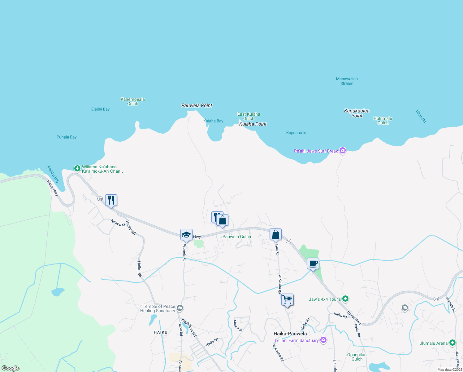 map of restaurants, bars, coffee shops, grocery stores, and more near 77 Nahele Road in Haiku-Pauwela