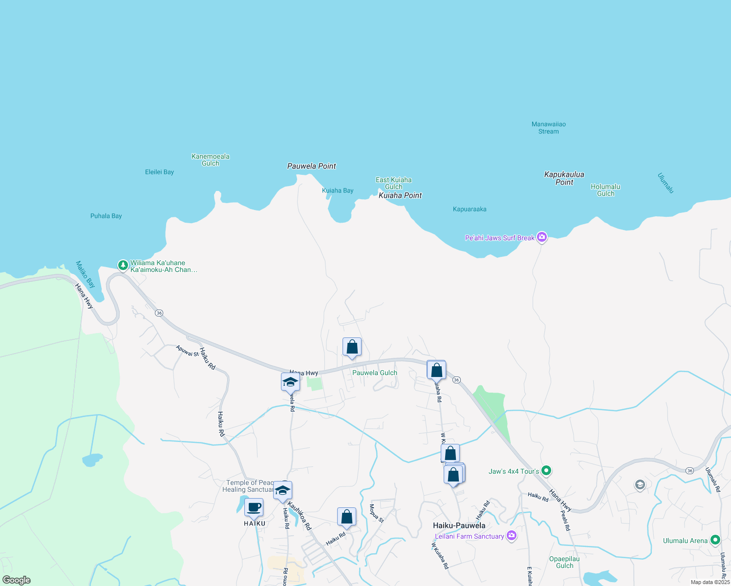 map of restaurants, bars, coffee shops, grocery stores, and more near 77 Nahele Road in Haiku-Pauwela