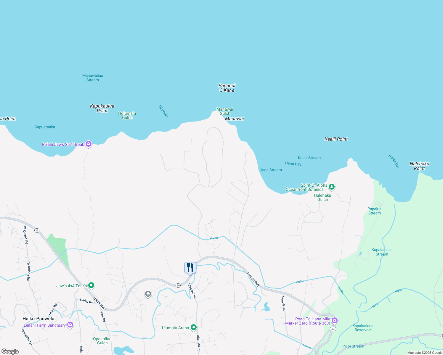 map of restaurants, bars, coffee shops, grocery stores, and more near 400 Kai Huki Circle in Haiku-Pauwela