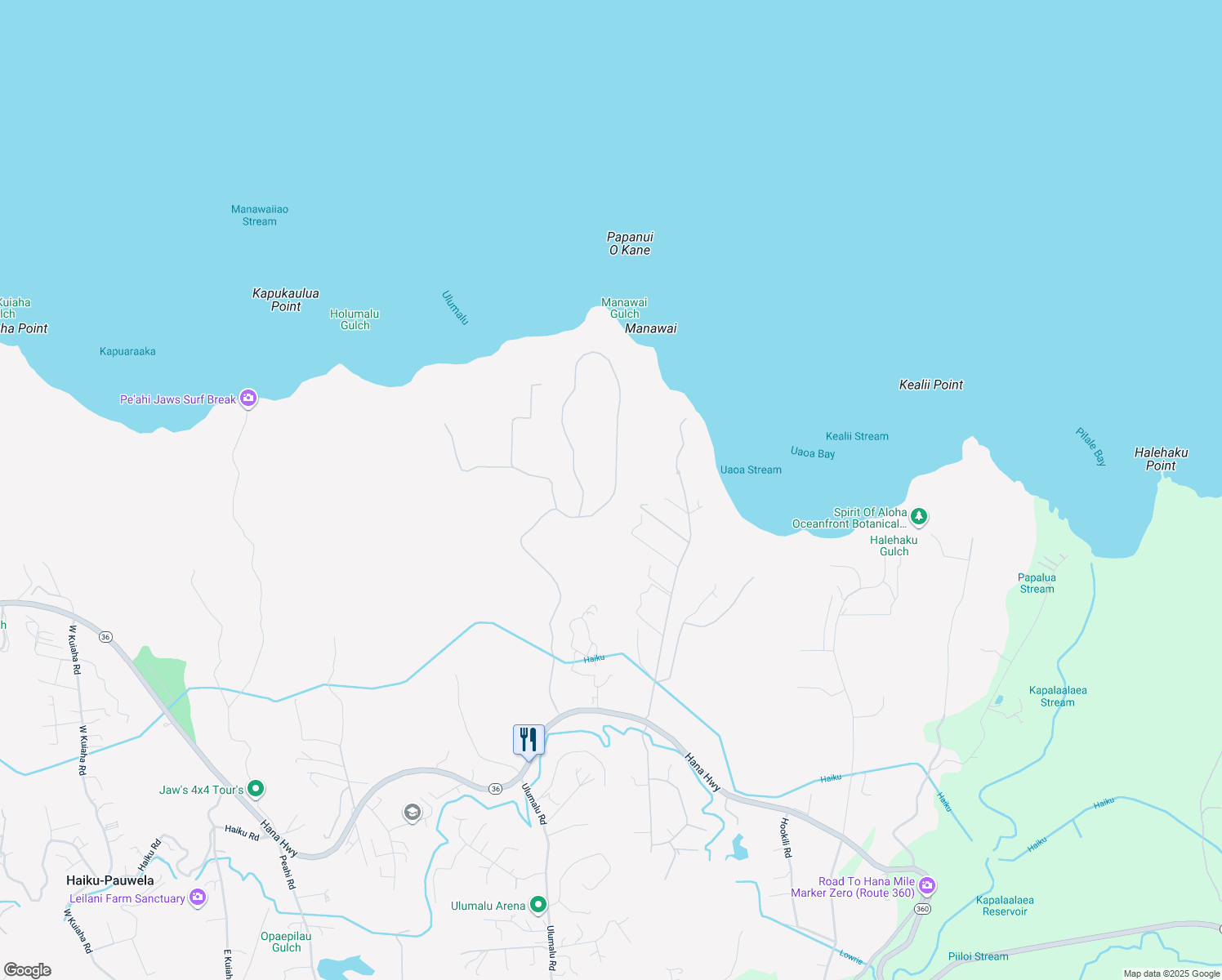 map of restaurants, bars, coffee shops, grocery stores, and more near 580 Kai Huki Circle in Haiku-Pauwela