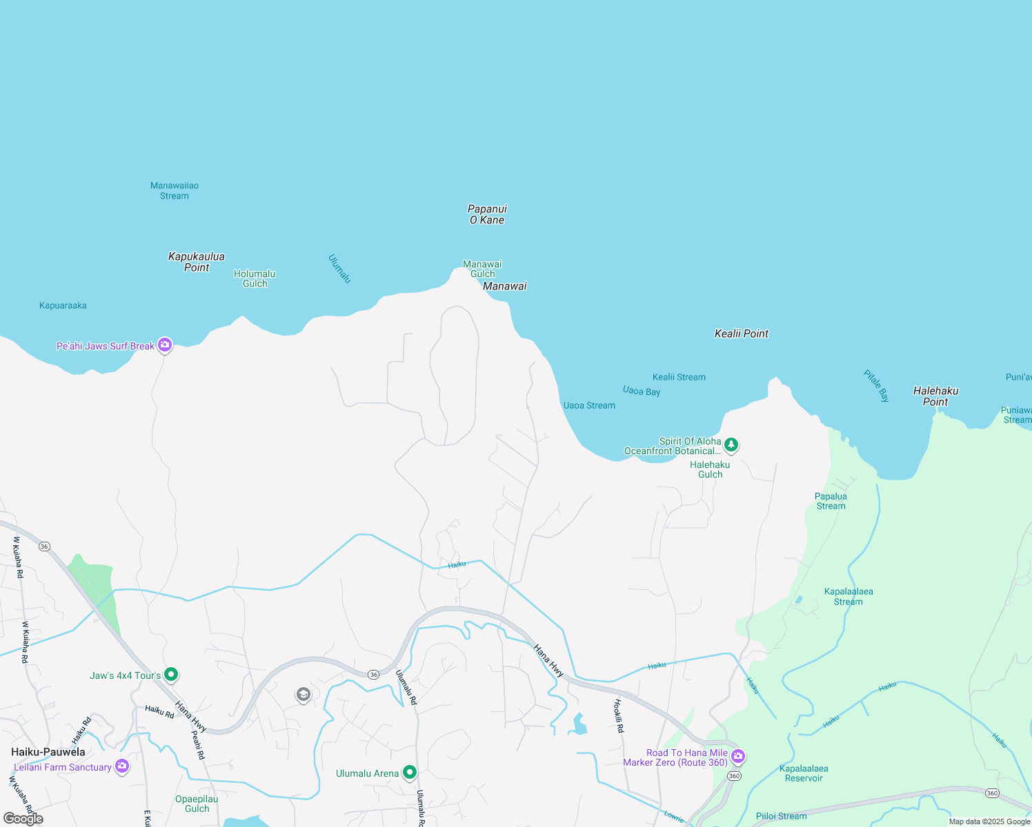 map of restaurants, bars, coffee shops, grocery stores, and more near 425 Manawai Place in Haiku-Pauwela