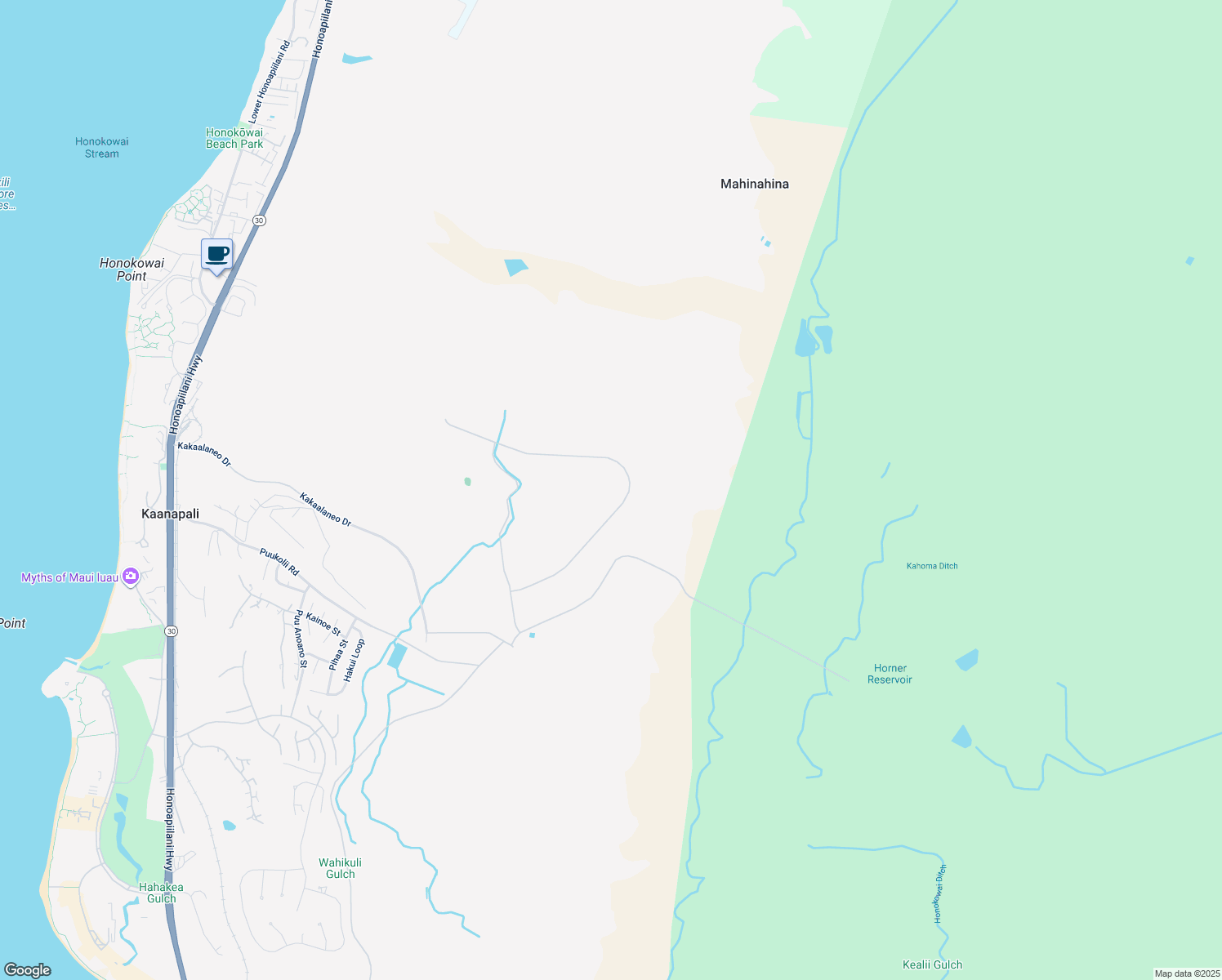 map of restaurants, bars, coffee shops, grocery stores, and more near 1555 Aina Mahiai Place in Lahaina