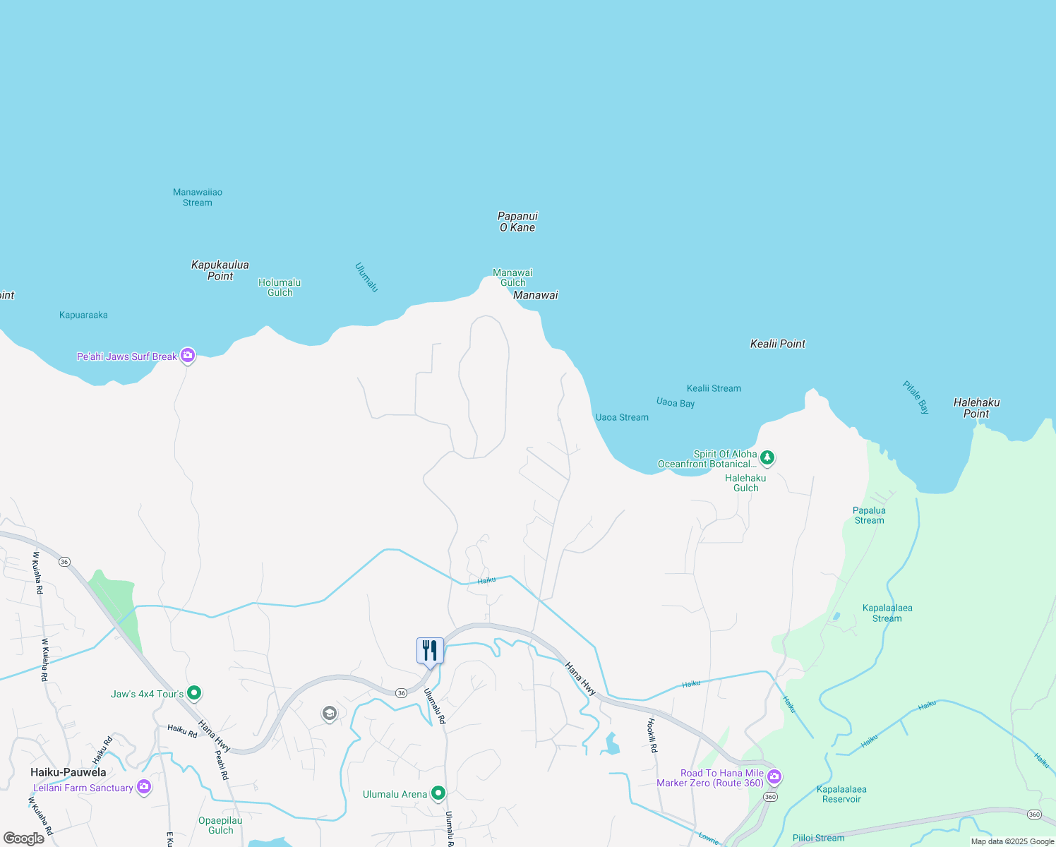 map of restaurants, bars, coffee shops, grocery stores, and more near 580 Kai Huki Circle in Haiku-Pauwela