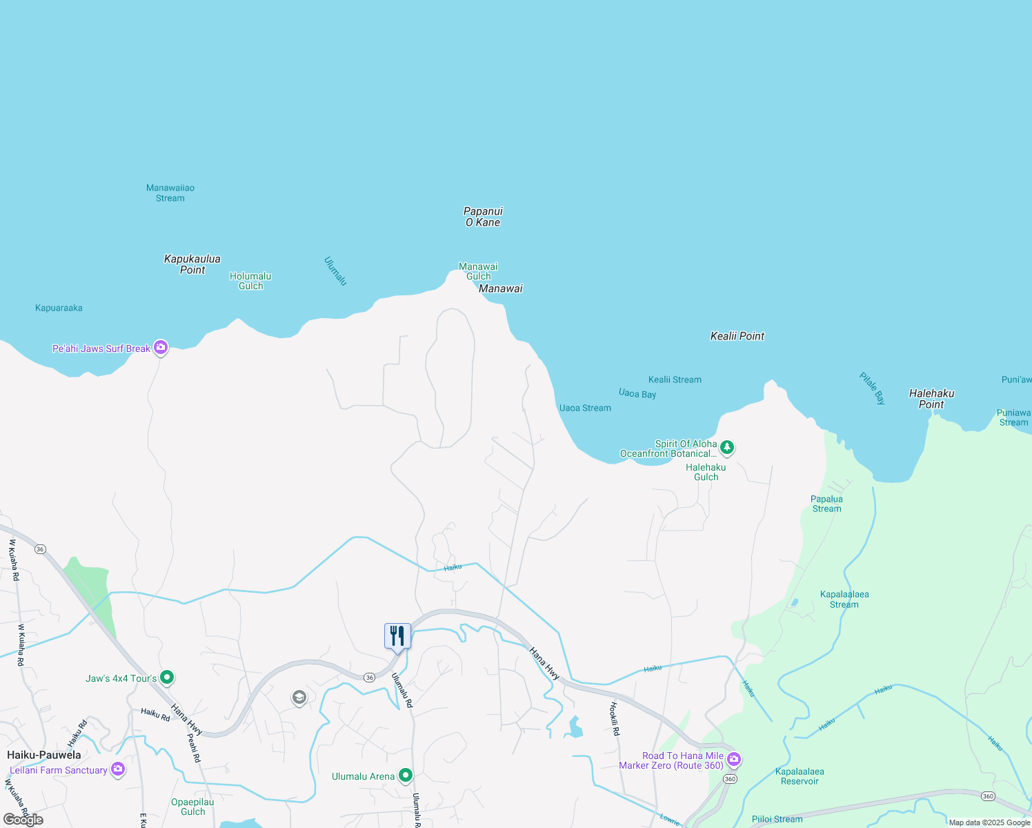 map of restaurants, bars, coffee shops, grocery stores, and more near 425 Manawai Place in Haiku-Pauwela