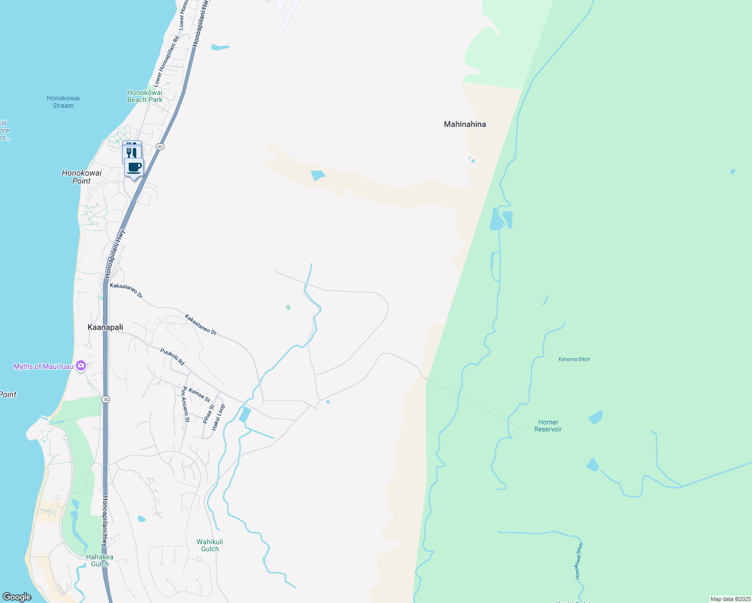 map of restaurants, bars, coffee shops, grocery stores, and more near 1825 Aina Mahiai Place in Lahaina