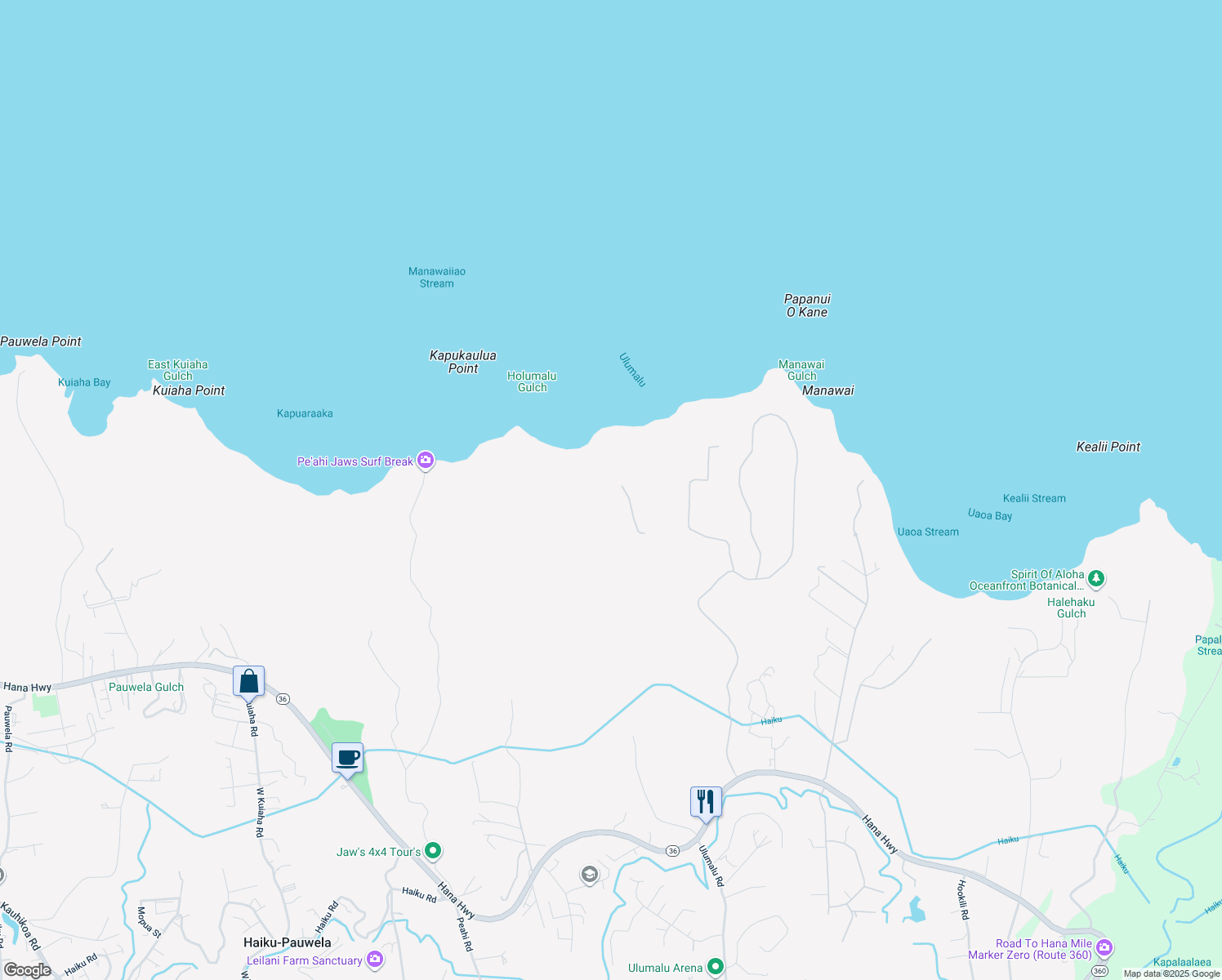 map of restaurants, bars, coffee shops, grocery stores, and more near Kai Poi Road in Haiku-Pauwela